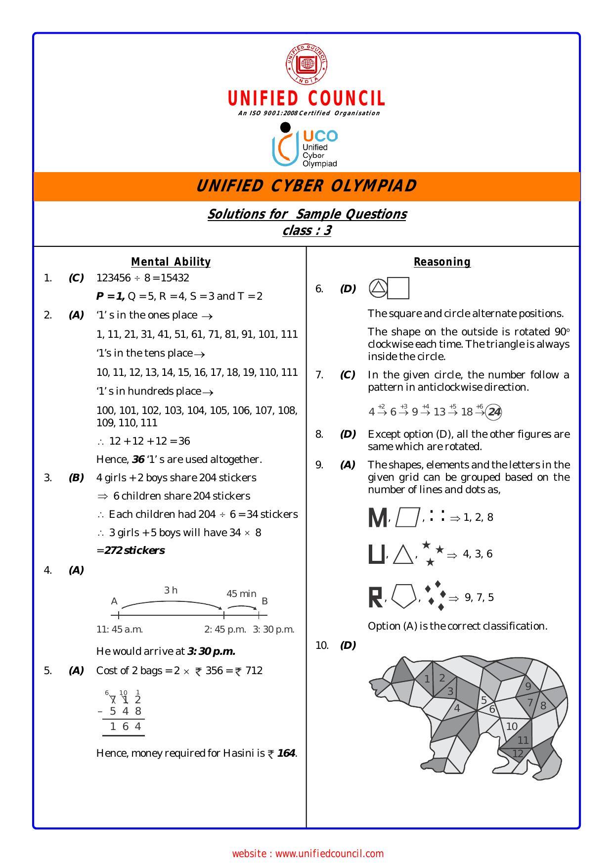 UCO Sample Papers for Class 3 Key & Solutions - Page 1