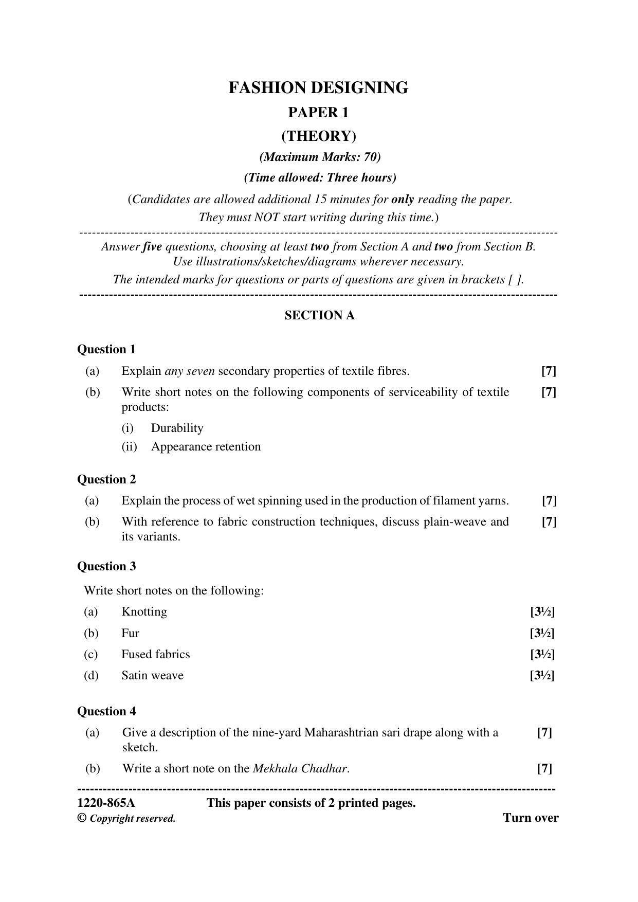 ISC Class 12 2020 Fashion Designing Paper I Question Paper - Page 1