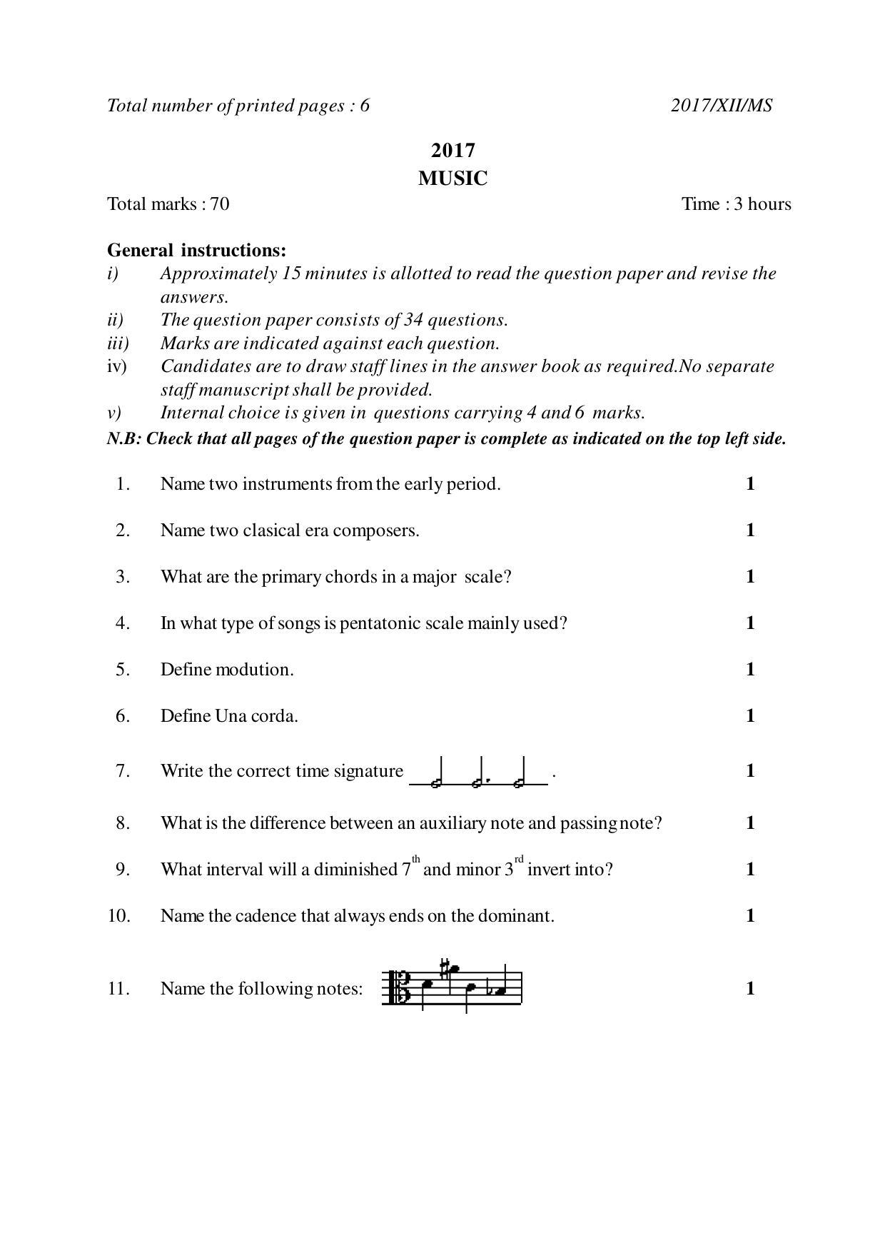 Nagaland Board Class 12 MUSIC 2017 Question Papers - Page 1