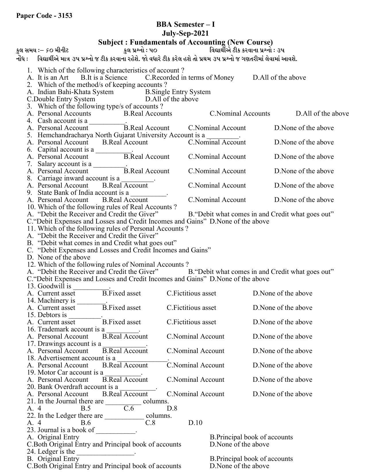Hemchand North Gujarat University Sample Paper July-Sept 2021: BBA Semester – I Fundamentals of Accounting Paper Code - 3153 (New Course) - Page 1