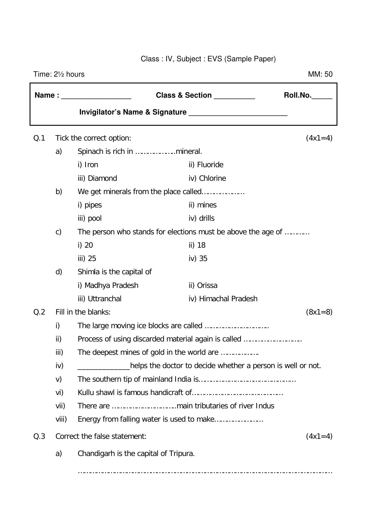 Worksheet for Class 4 Environmental Studies Assignment 8 - Page 1