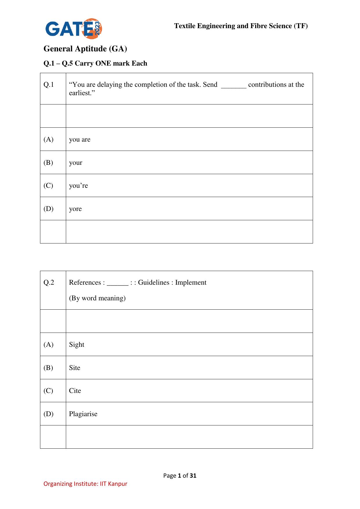 GATE 2023 Textile Engineering and Fibre Science (TF) Question Paper - Page 1