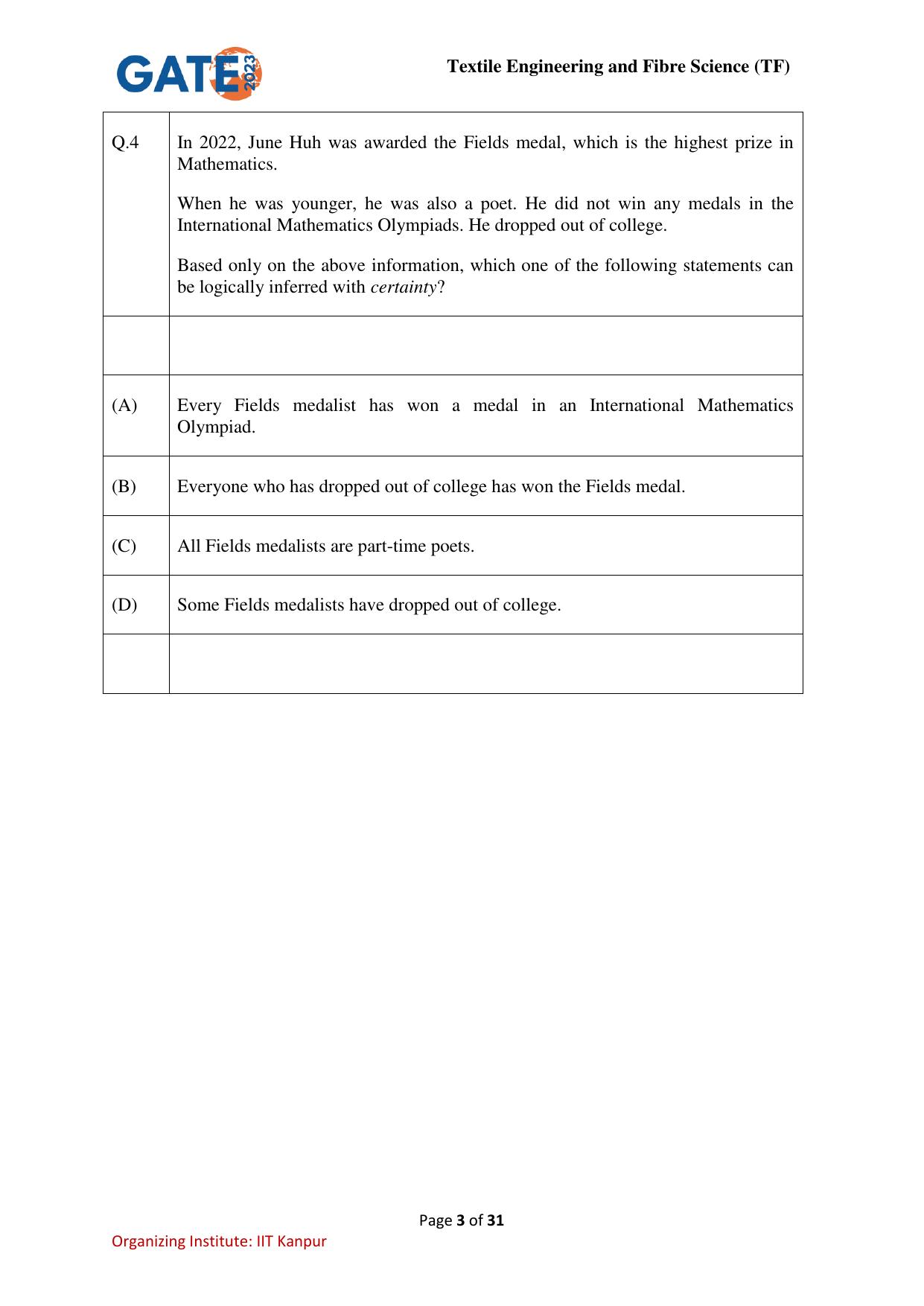 GATE 2023 Textile Engineering and Fibre Science (TF) Question Paper - Page 3