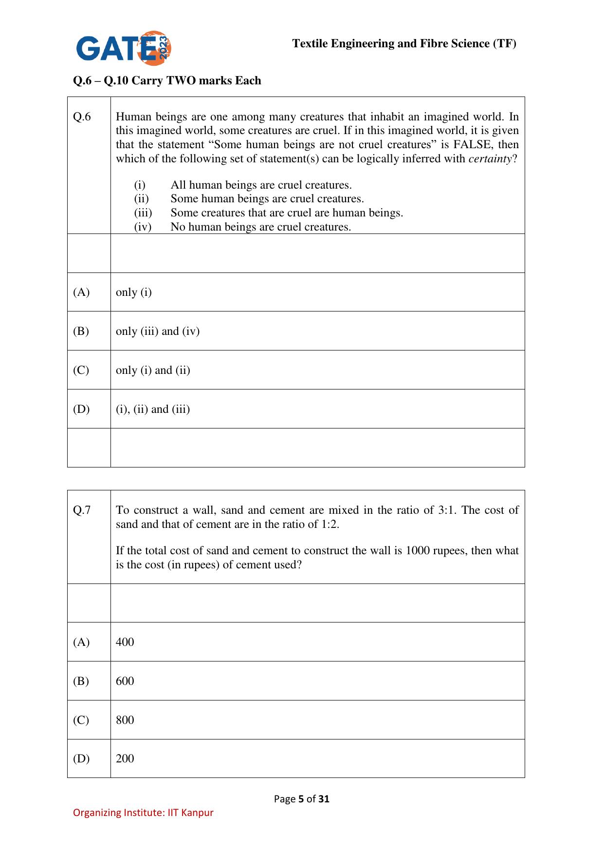 GATE 2023 Textile Engineering and Fibre Science (TF) Question Paper - Page 5