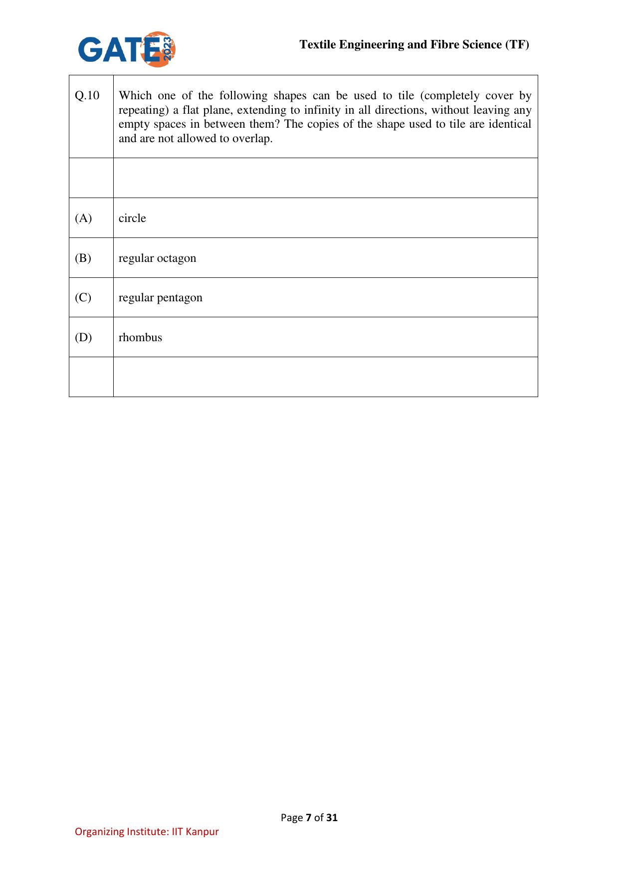 GATE 2023 Textile Engineering and Fibre Science (TF) Question Paper - Page 7