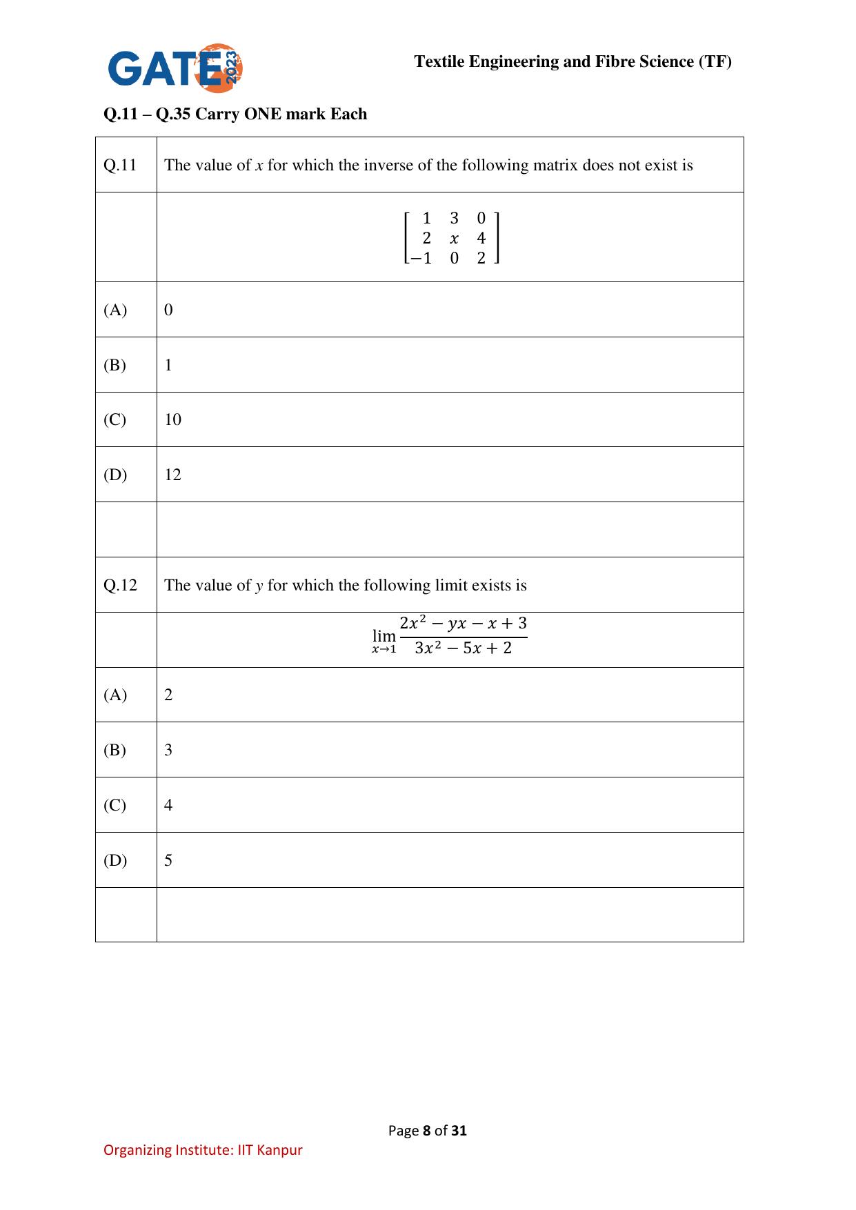 GATE 2023 Textile Engineering and Fibre Science (TF) Question Paper - Page 8