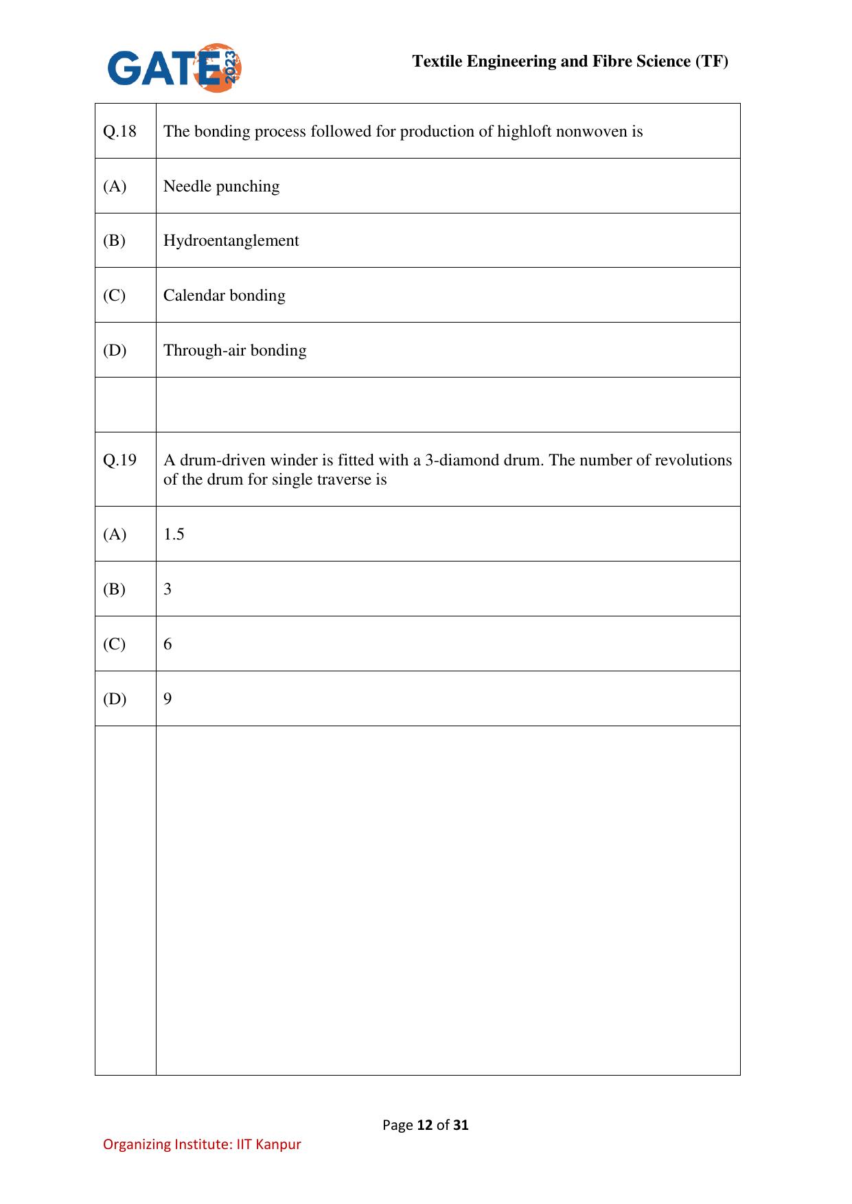 GATE 2023 Textile Engineering and Fibre Science (TF) Question Paper - Page 12