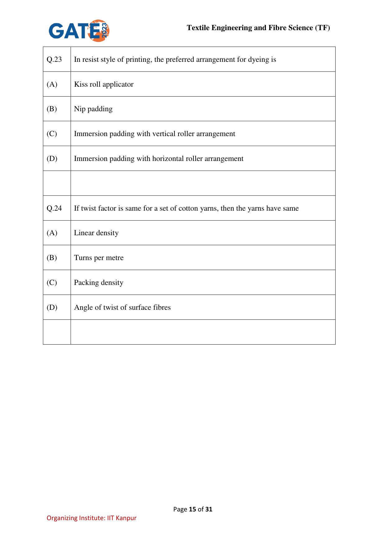 GATE 2023 Textile Engineering and Fibre Science (TF) Question Paper - Page 15