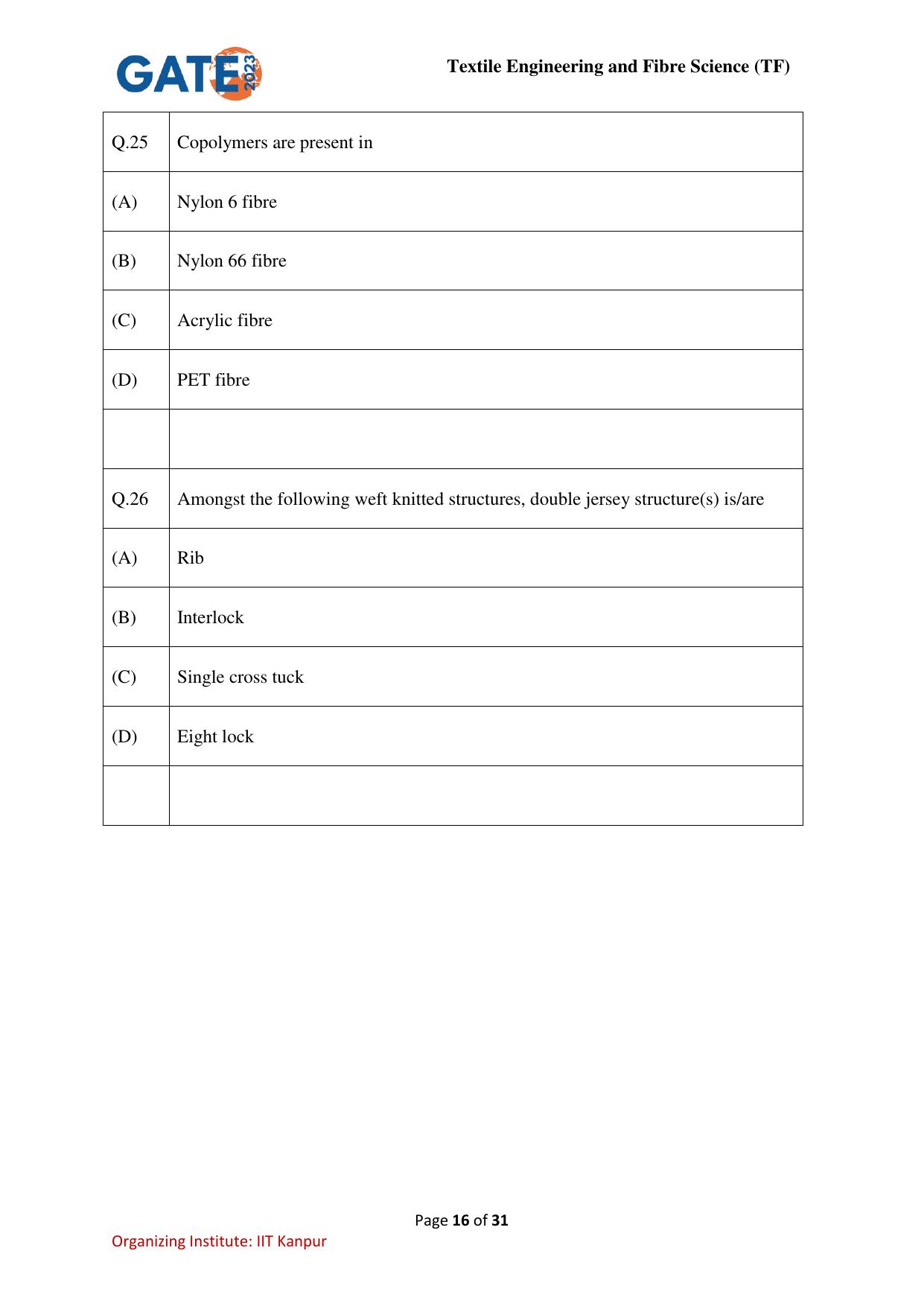 GATE 2023 Textile Engineering and Fibre Science (TF) Question Paper - Page 16