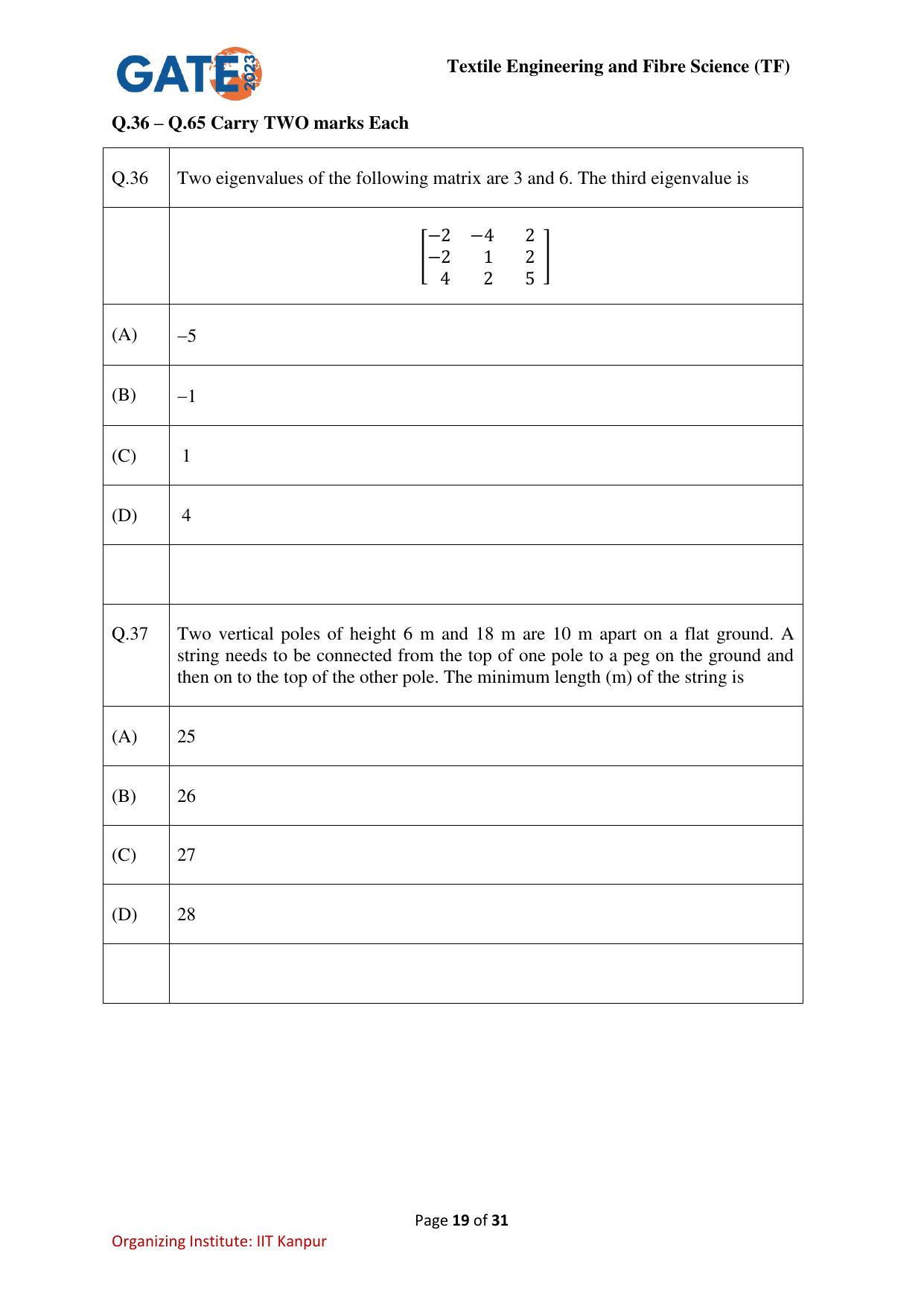 GATE 2023 Textile Engineering and Fibre Science (TF) Question Paper - Page 19