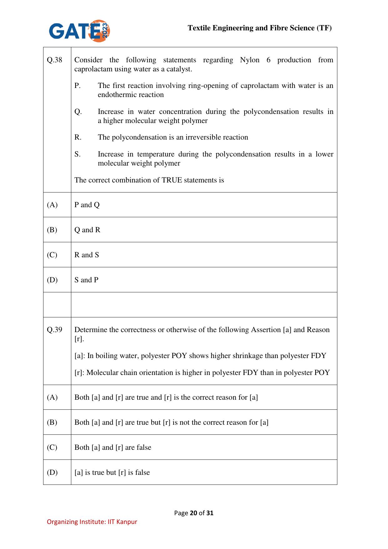 GATE 2023 Textile Engineering and Fibre Science (TF) Question Paper - Page 20