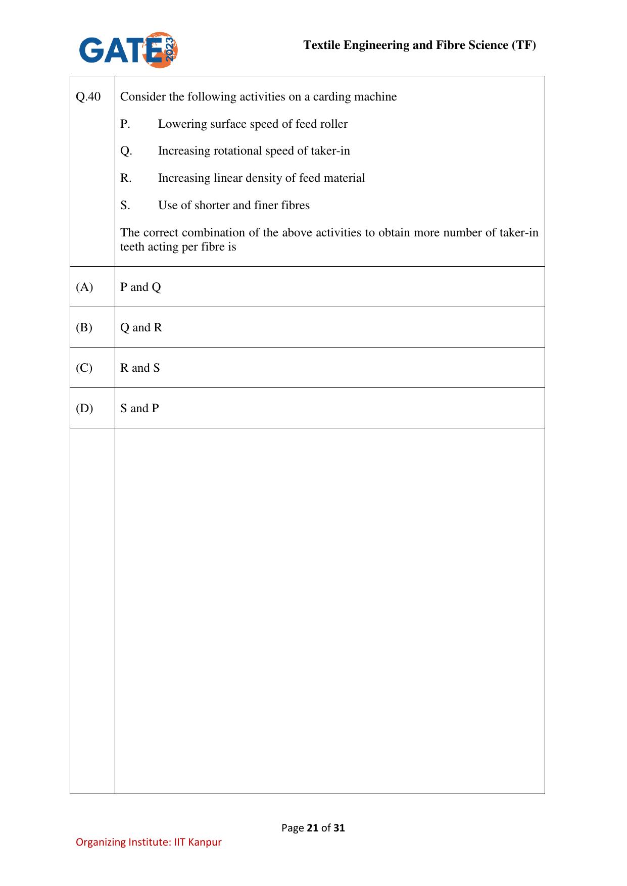 GATE 2023 Textile Engineering and Fibre Science (TF) Question Paper - Page 21