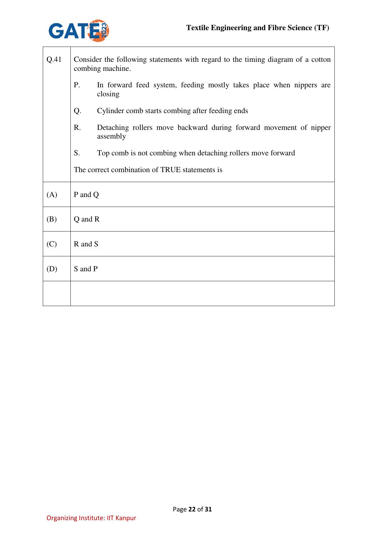 GATE 2023 Textile Engineering and Fibre Science (TF) Question Paper - Page 22