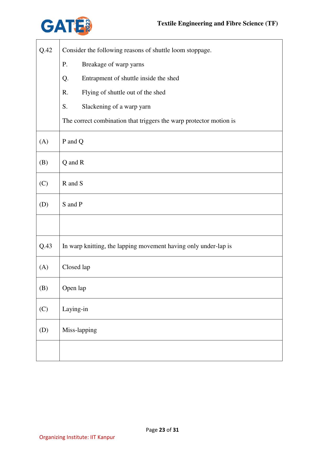 GATE 2023 Textile Engineering and Fibre Science (TF) Question Paper - Page 23