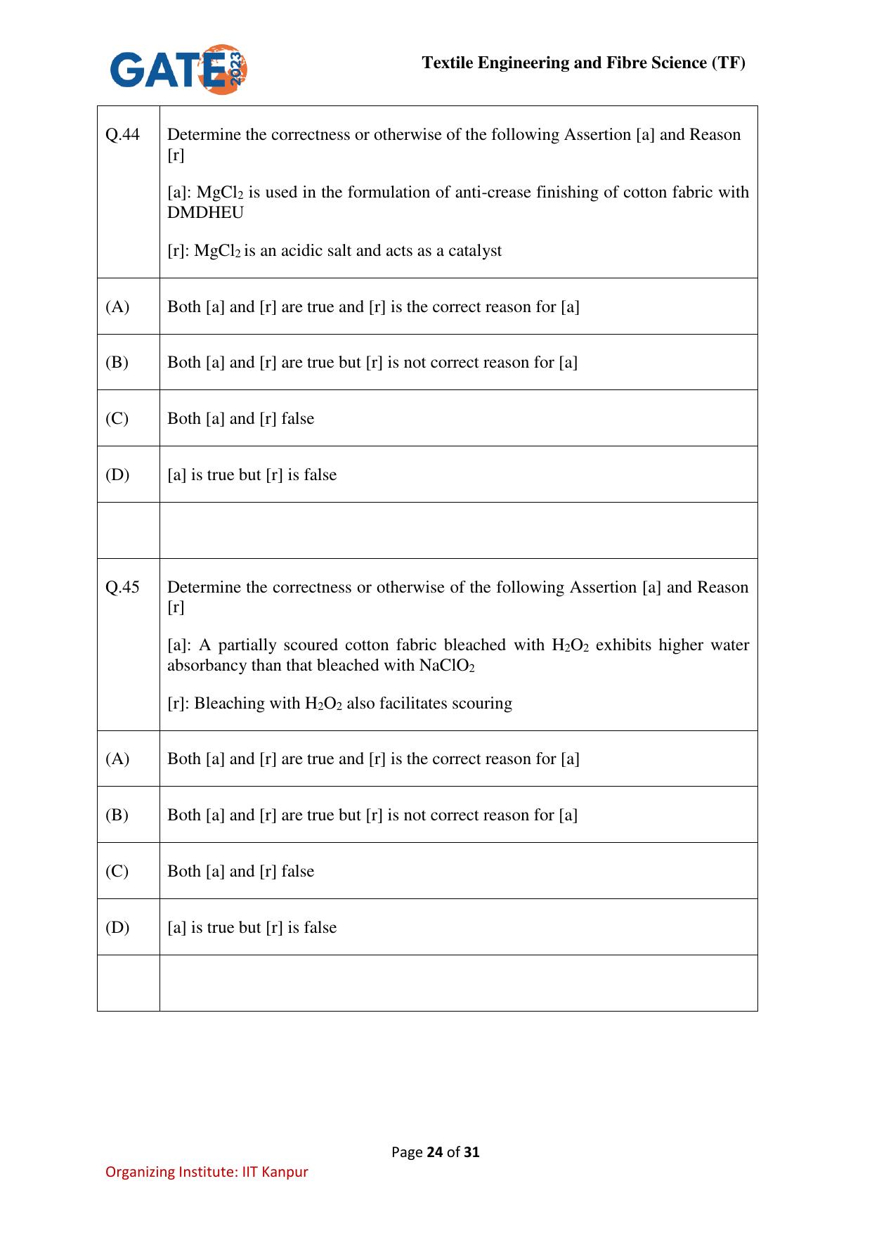 GATE 2023 Textile Engineering and Fibre Science (TF) Question Paper - Page 24