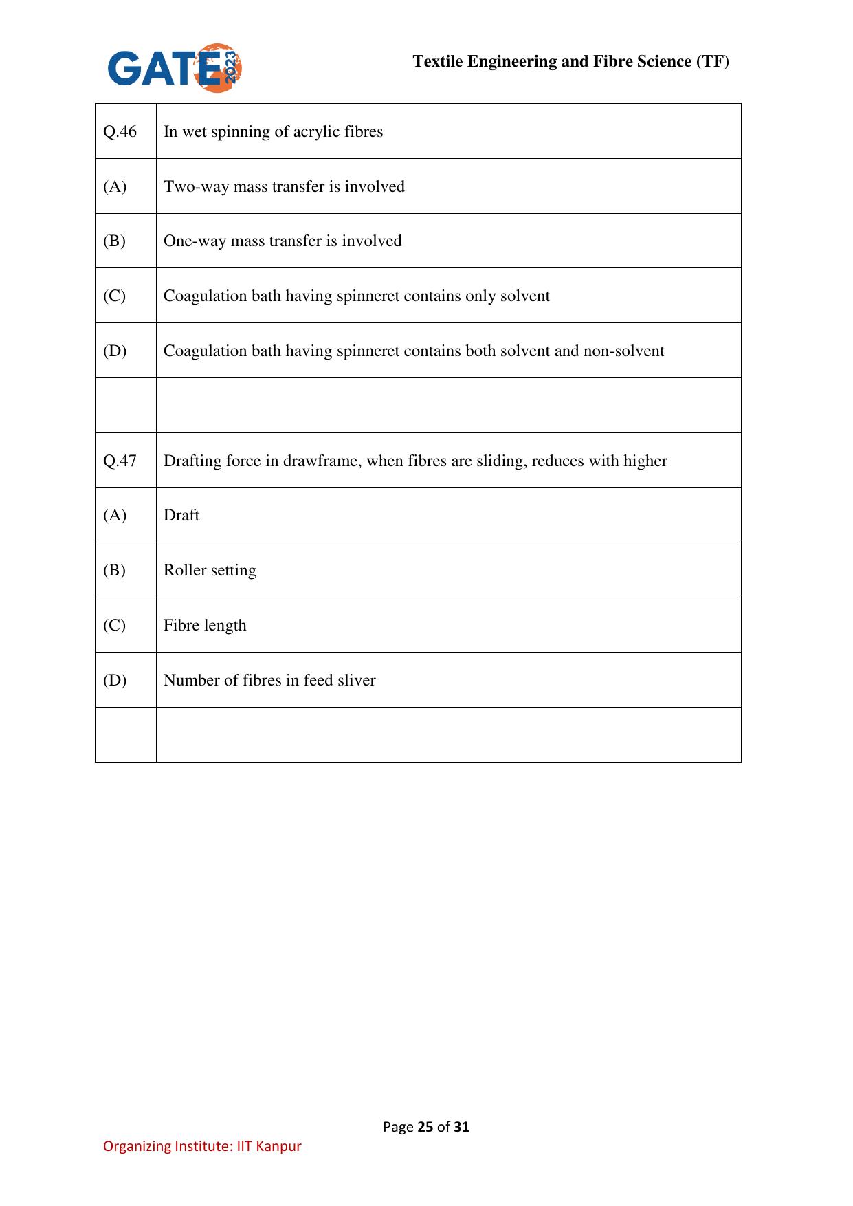 GATE 2023 Textile Engineering and Fibre Science (TF) Question Paper - Page 25
