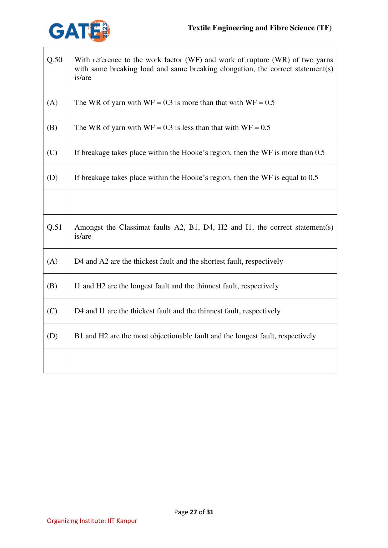 GATE 2023 Textile Engineering and Fibre Science (TF) Question Paper - Page 27