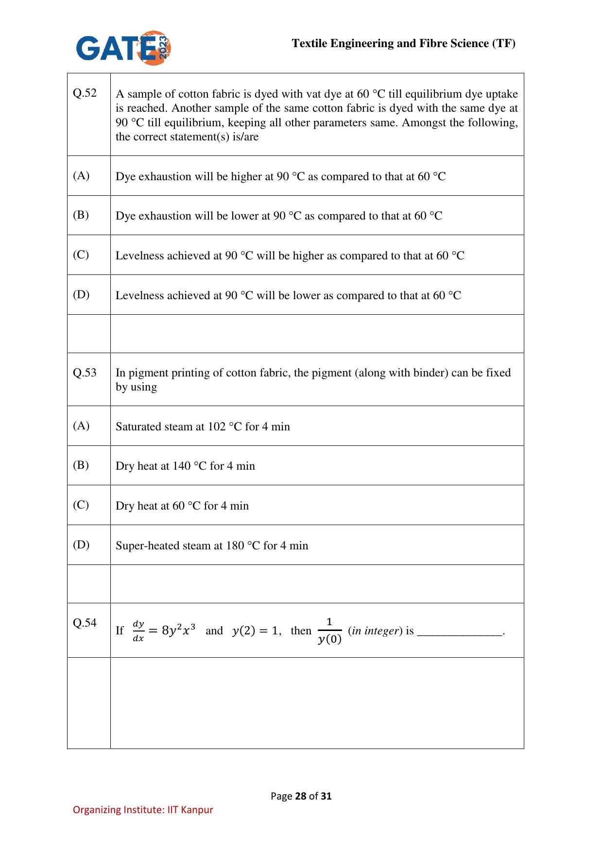 GATE 2023 Textile Engineering and Fibre Science (TF) Question Paper - Page 28