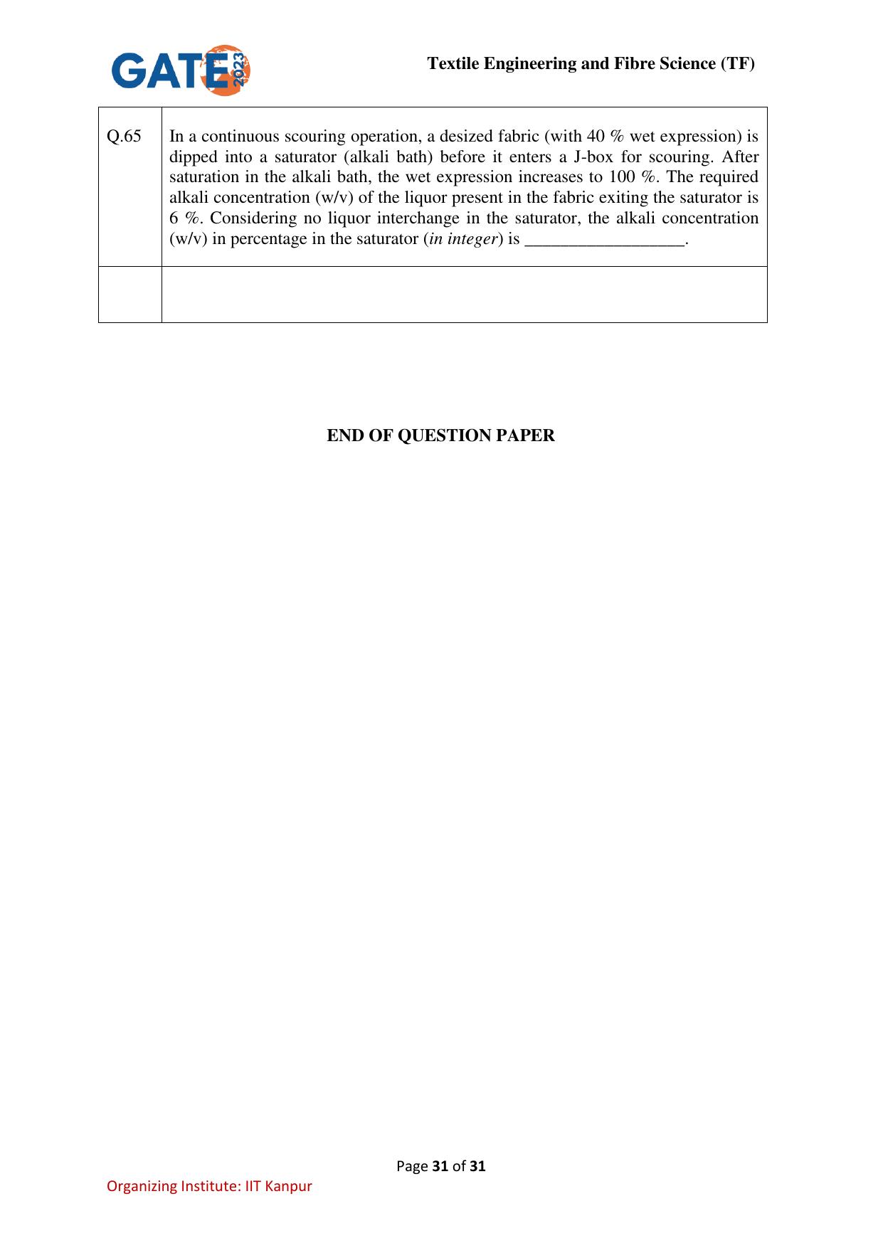 GATE 2023 Textile Engineering and Fibre Science (TF) Question Paper - Page 31