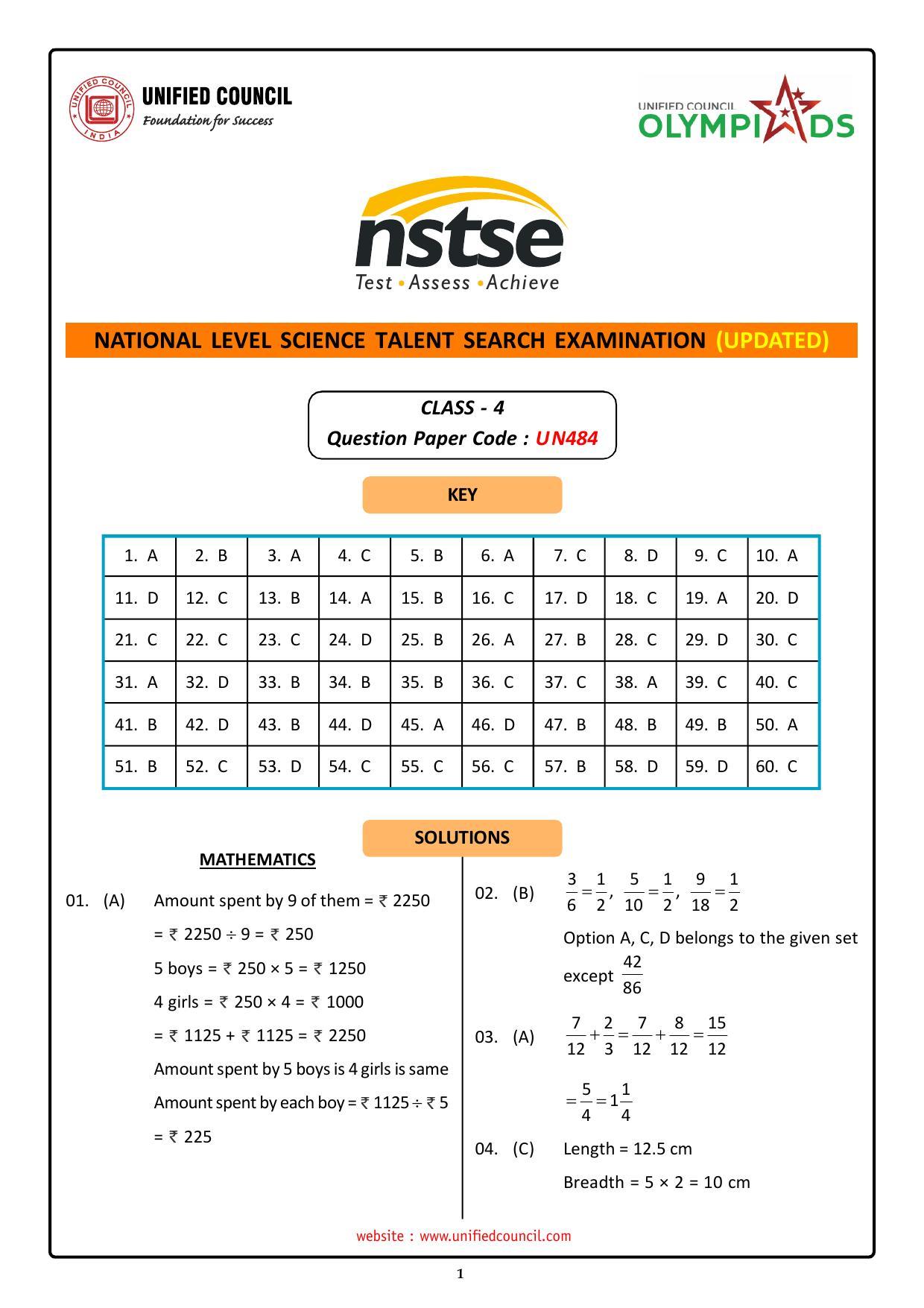 NSTSE 2023 Class 4 Answer Key (Paper Code 484) - Page 1