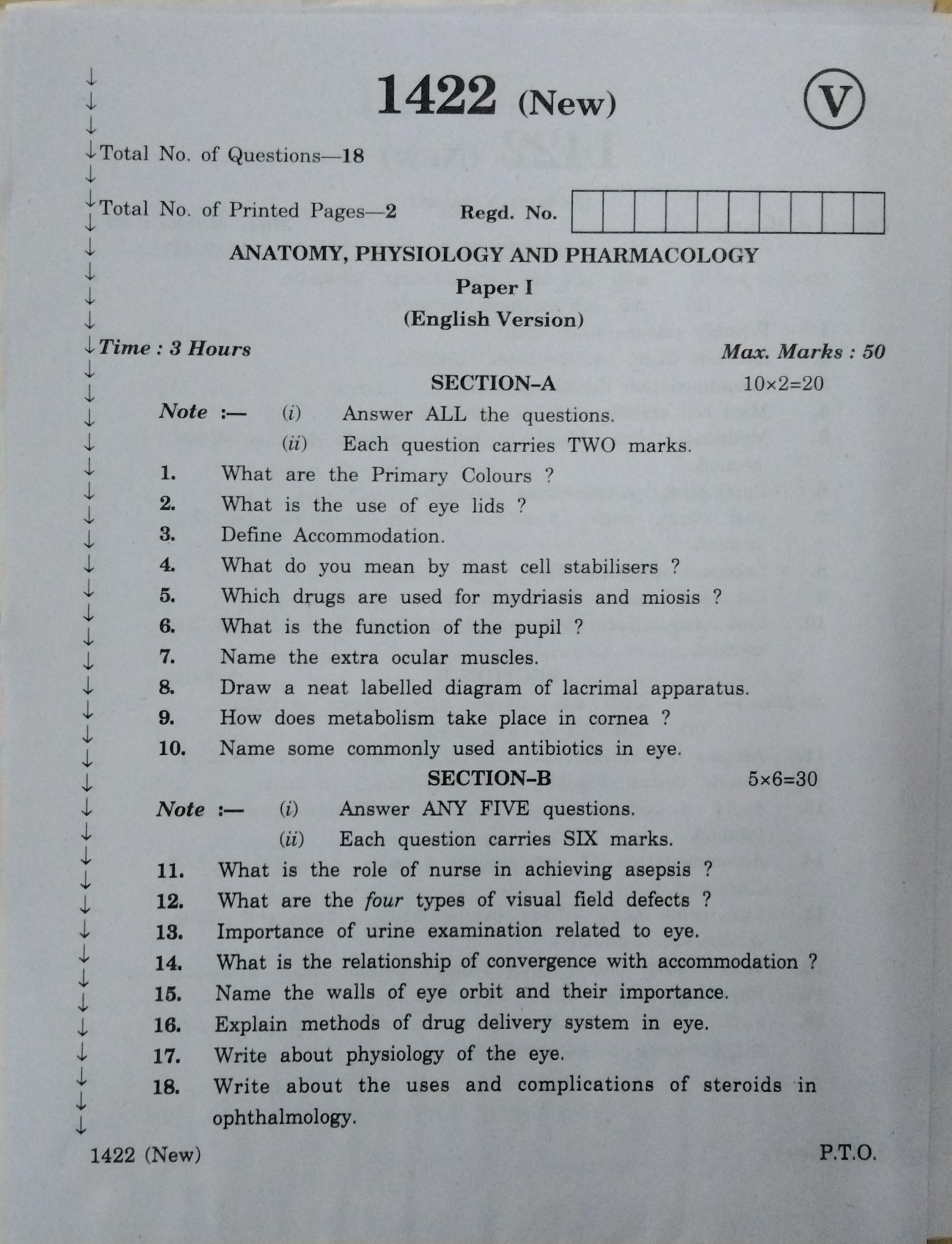 AP Inter 2nd Year Vocational Question Paper March - 2020 - Anatomy Physiology Pharmacology - I - Page 1