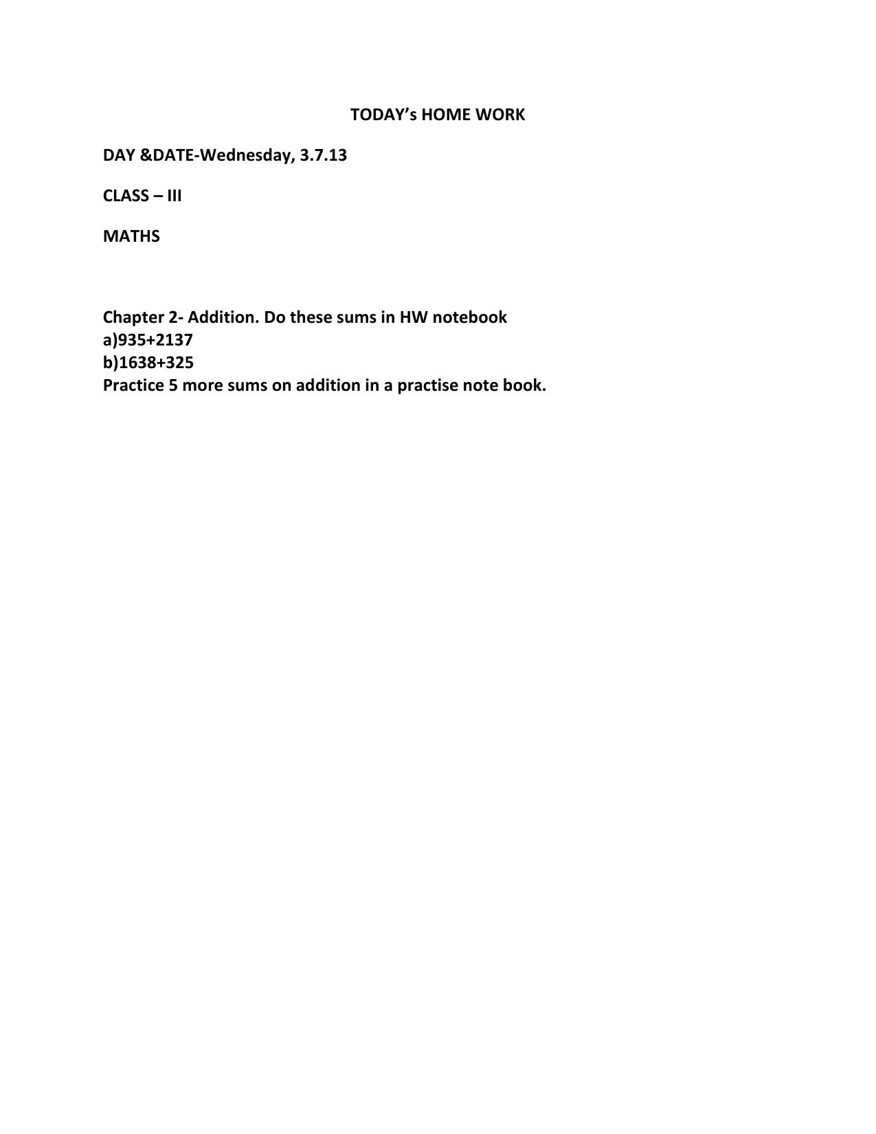 Worksheet for Class 3 Mathematics Addition Assignment - Page 1