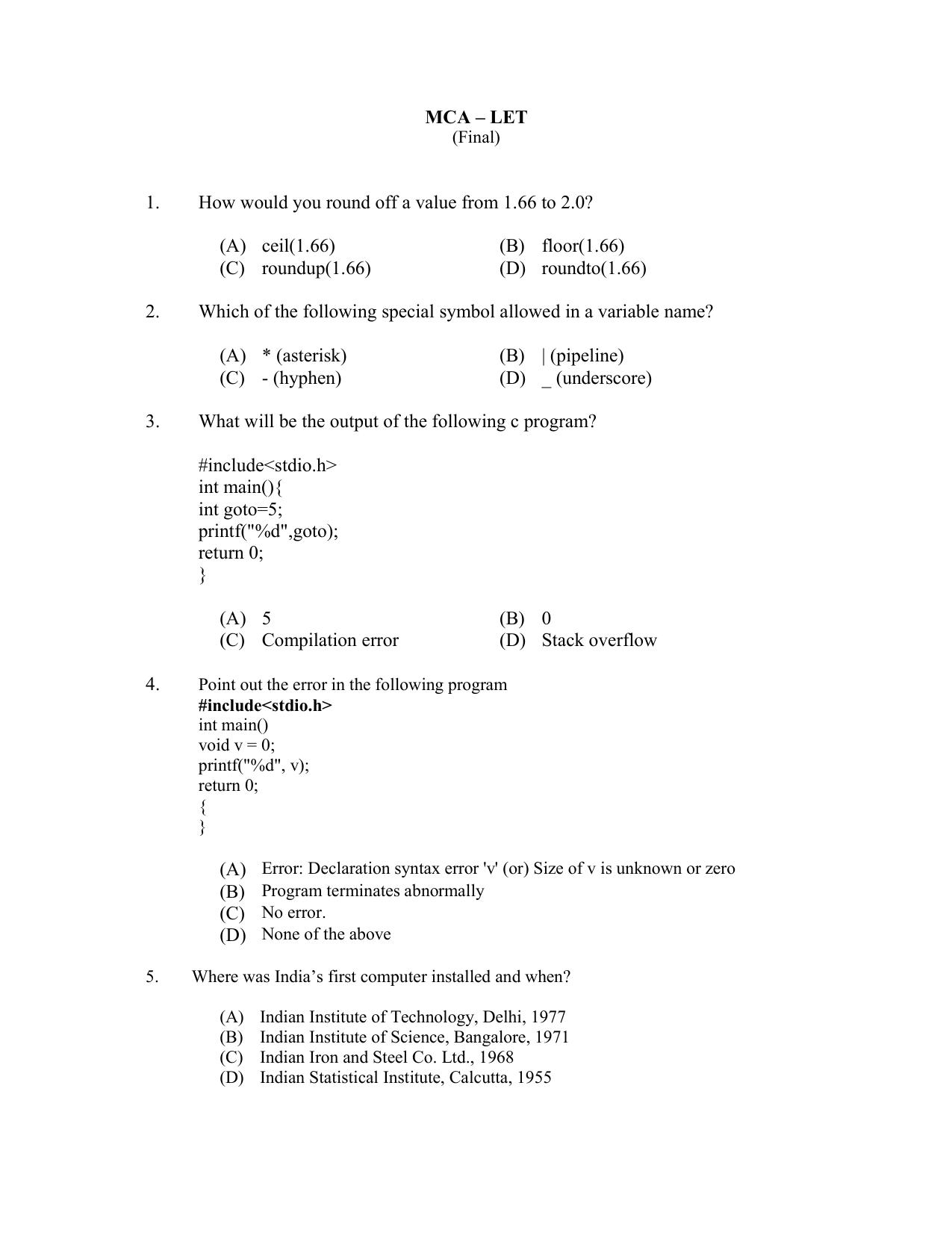 CUSAT CAT 2017 MCA Let Question Paper - Page 1