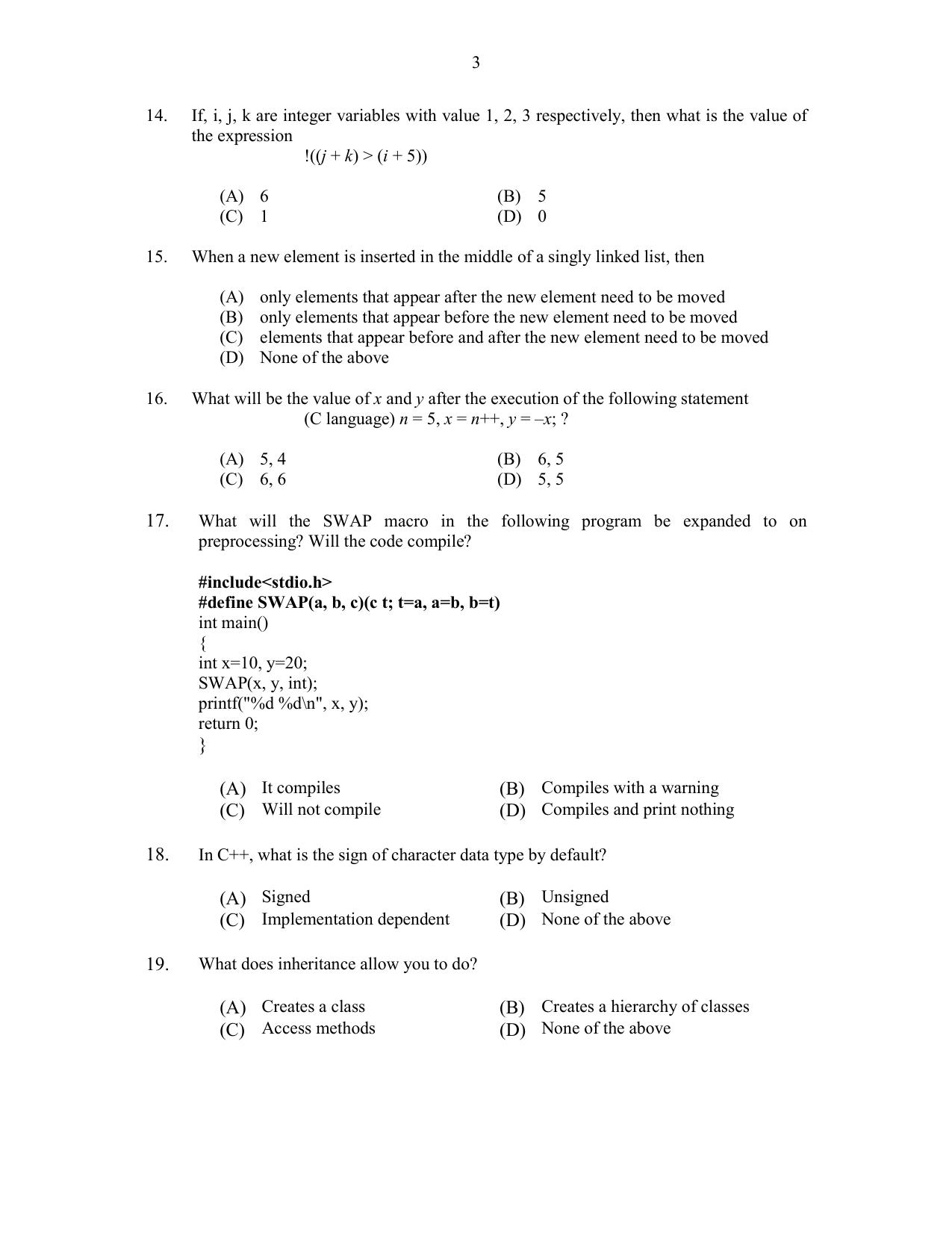 CUSAT CAT 2017 MCA Let Question Paper - Page 3