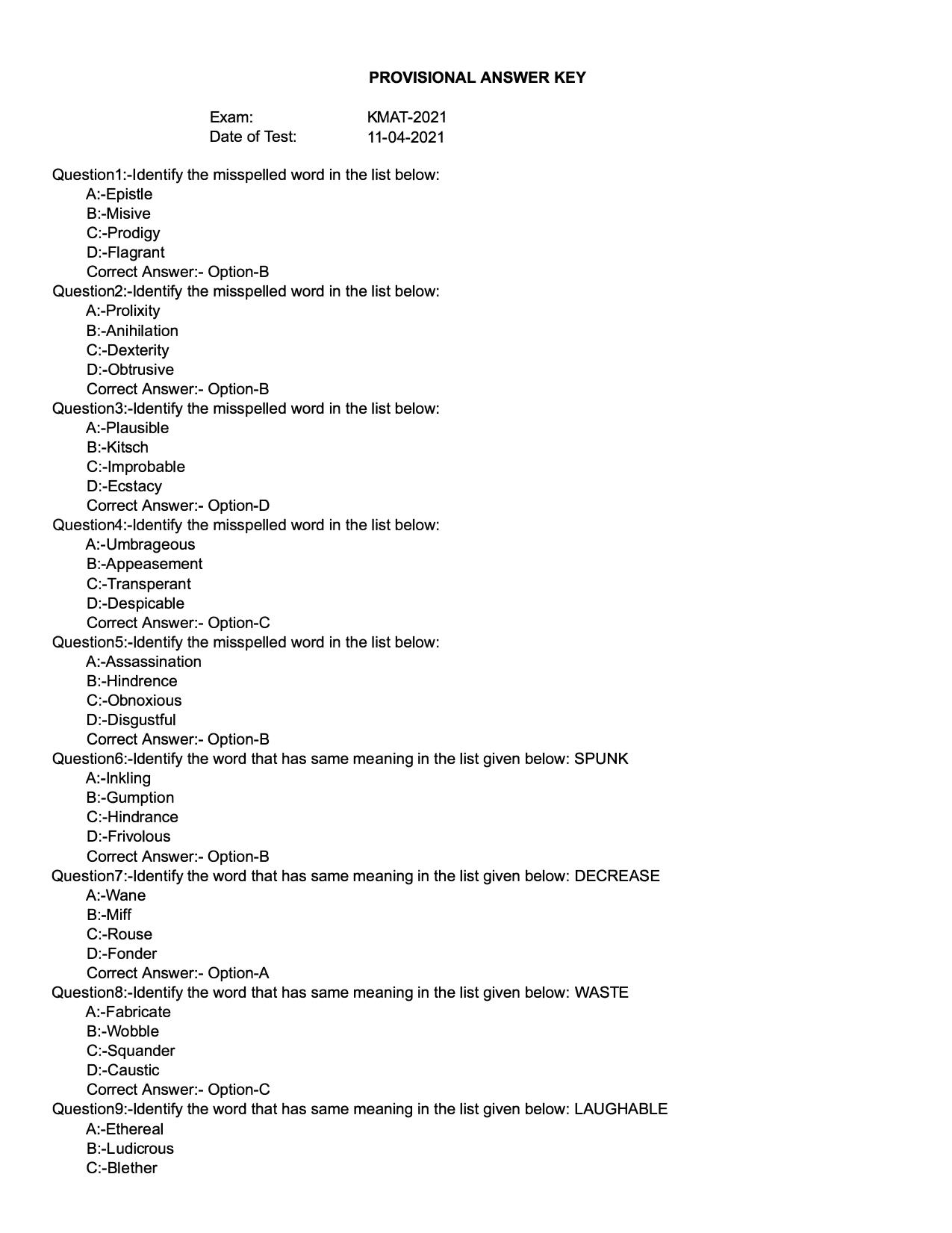 KMAT 2021 Question Papers with Answer key - Page 1