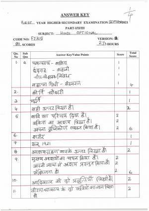 Kerala Plus One (Class 11th) Part-III Hindi-Optional Answer Key 2021