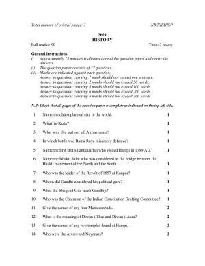 Nagaland Board Class 12 History 2021 Question Paper