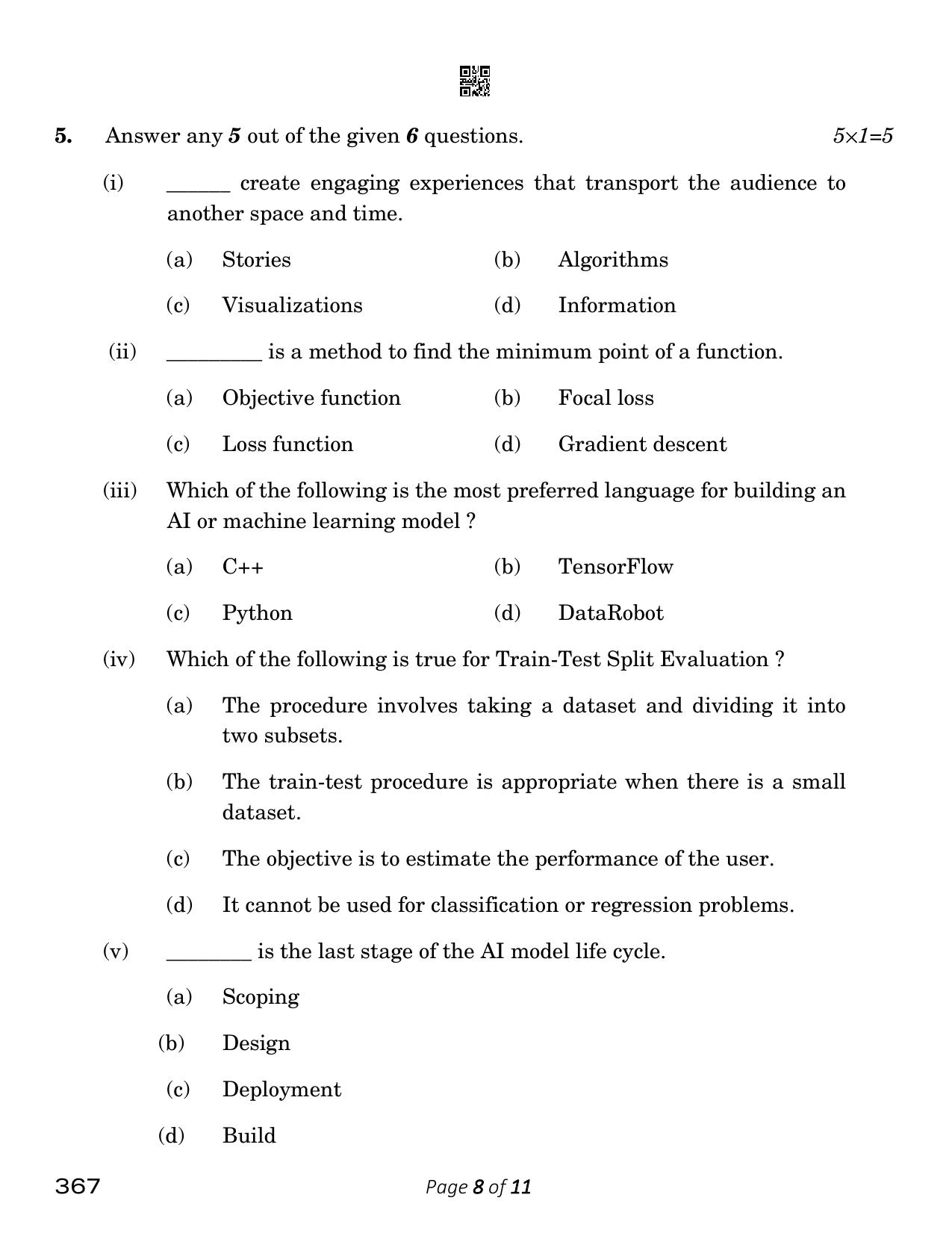 CBSE Class 12 Artificial Intelligence 2023 Question Paper