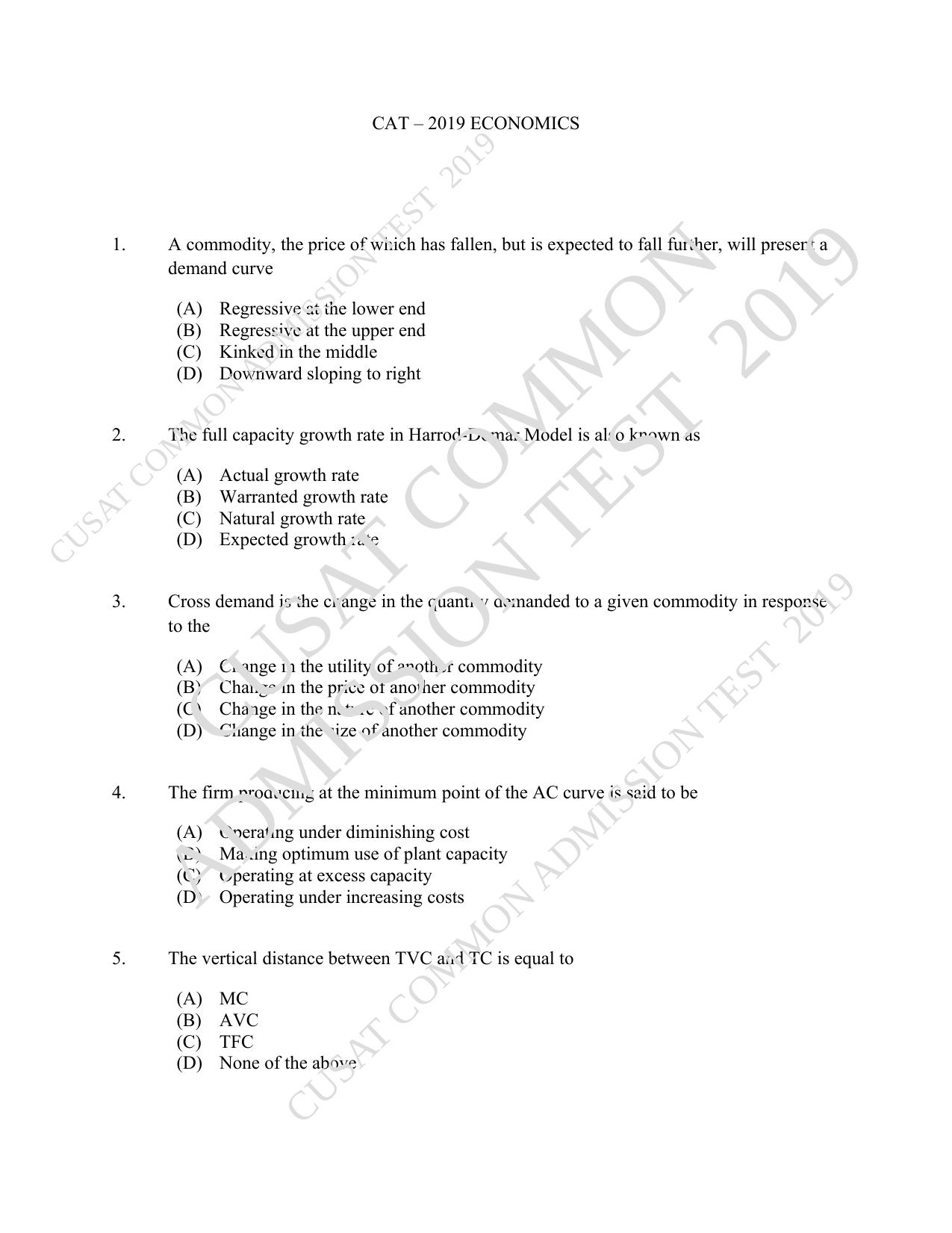 CUSAT CAT 2019 Economics Question Paper With Answer Key - Page 1