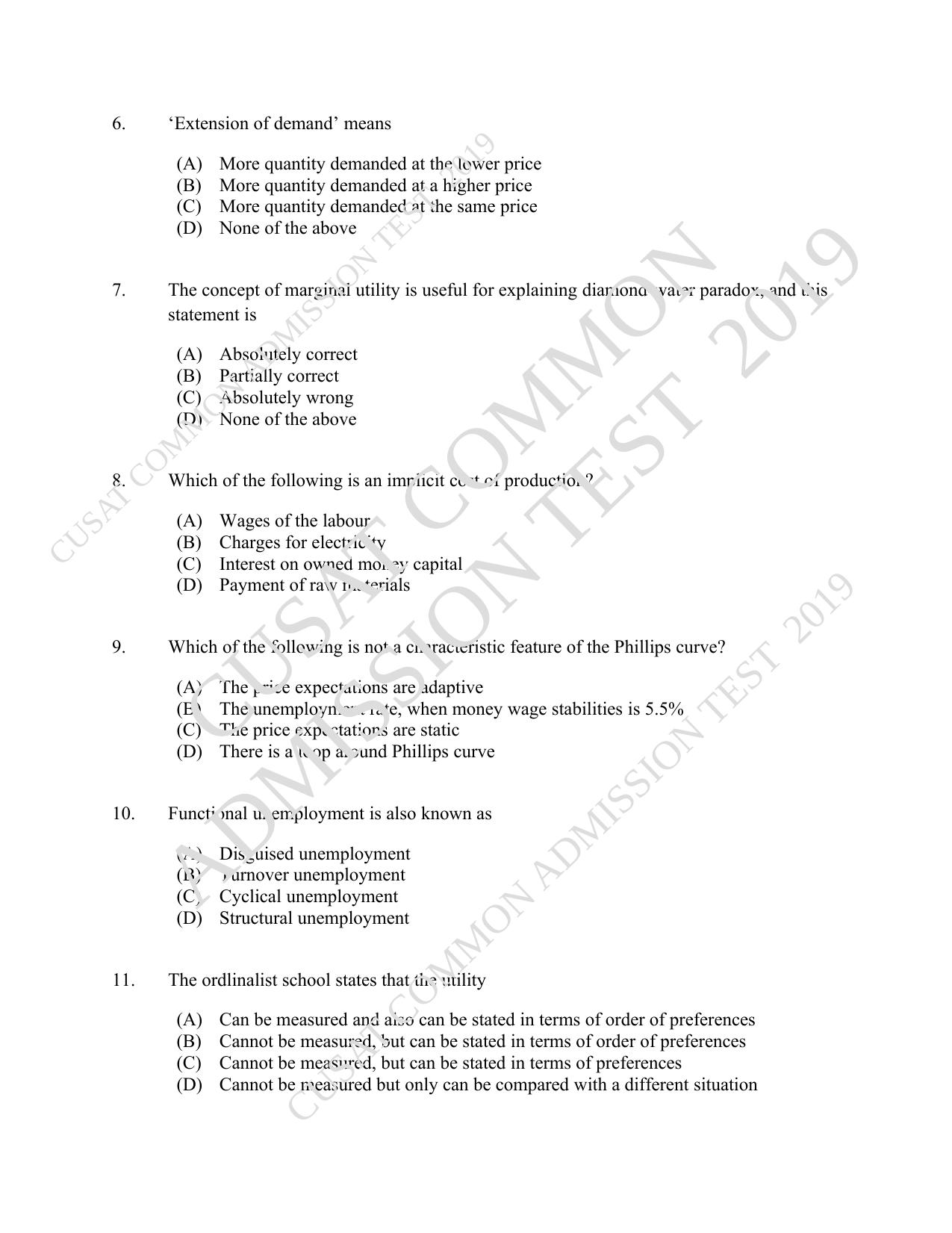 CUSAT CAT 2019 Economics Question Paper With Answer Key - Page 2