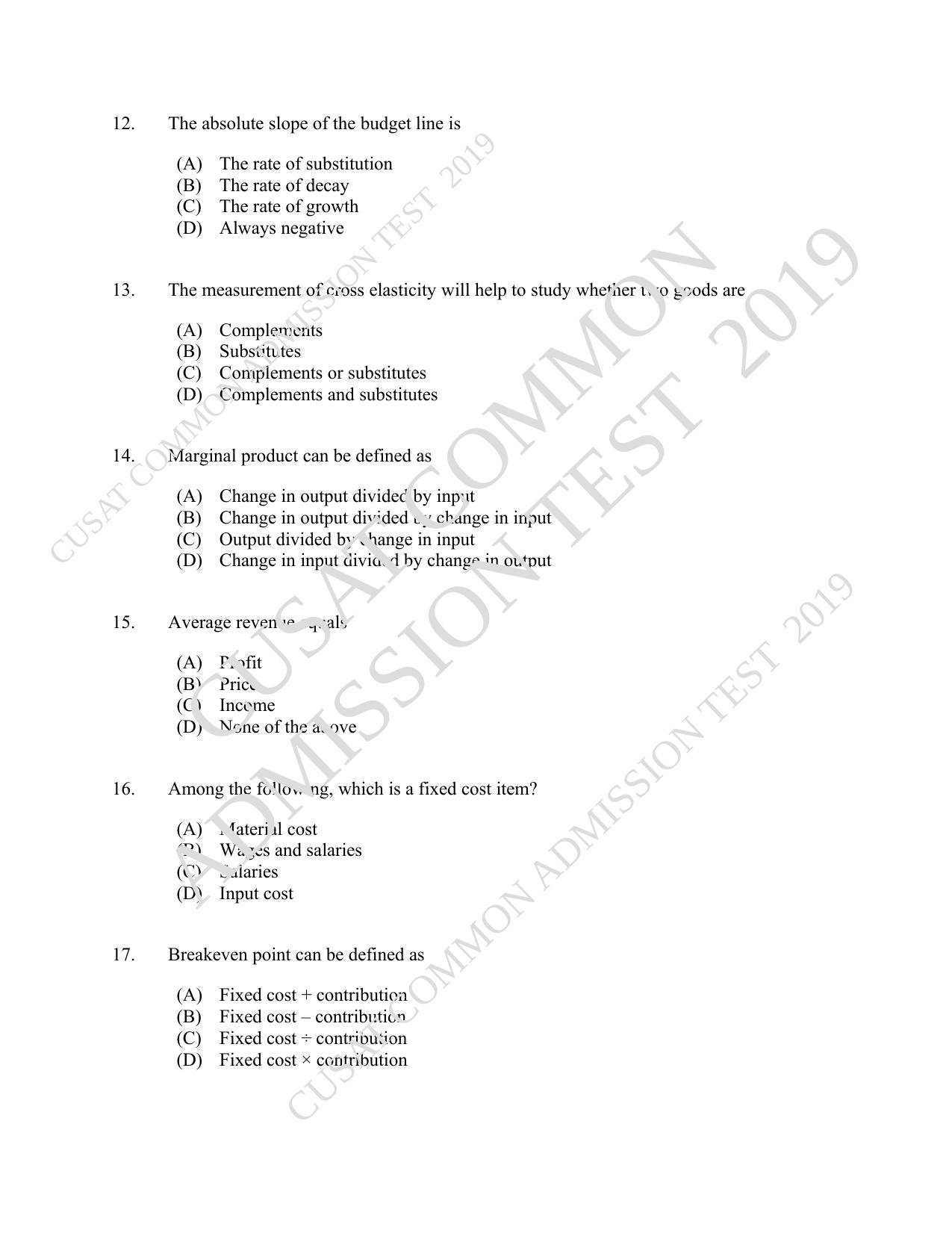 CUSAT CAT 2019 Economics Question Paper With Answer Key - Page 3