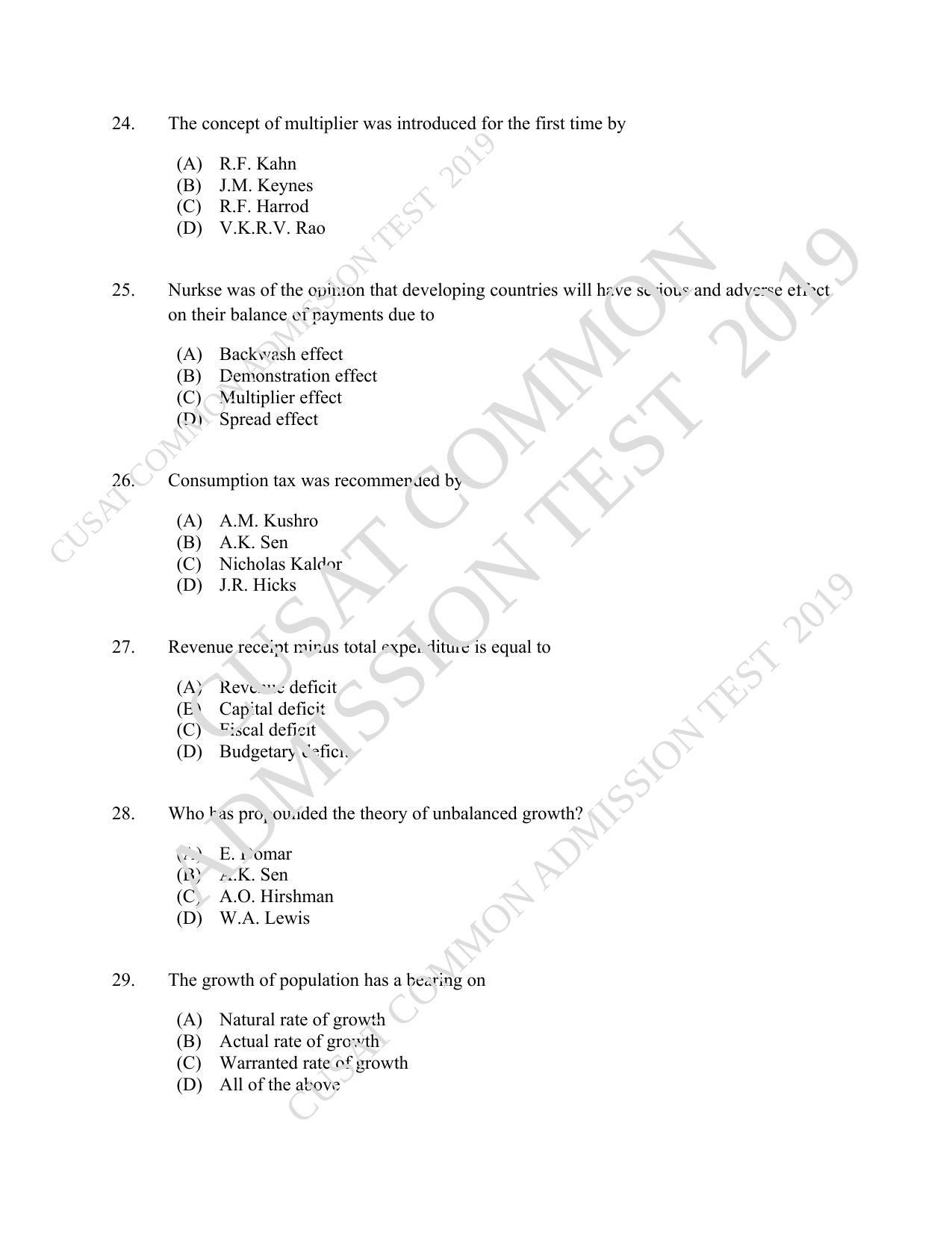 CUSAT CAT 2019 Economics Question Paper With Answer Key - Page 5
