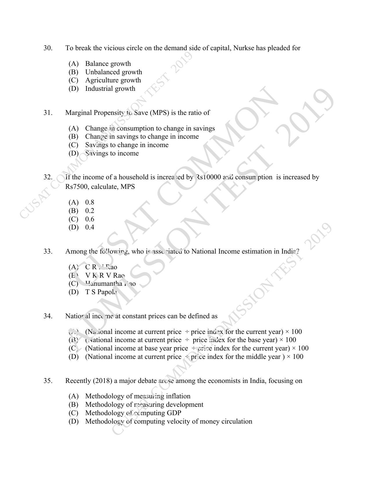 CUSAT CAT 2019 Economics Question Paper With Answer Key - Page 6