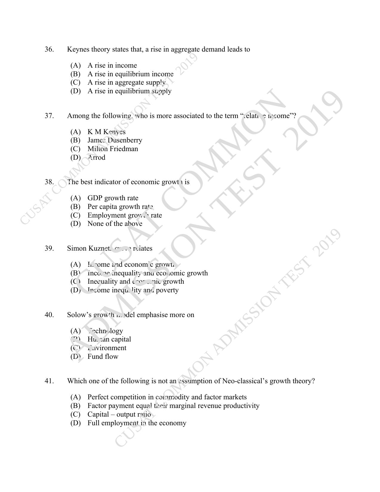 CUSAT CAT 2019 Economics Question Paper With Answer Key - Page 7