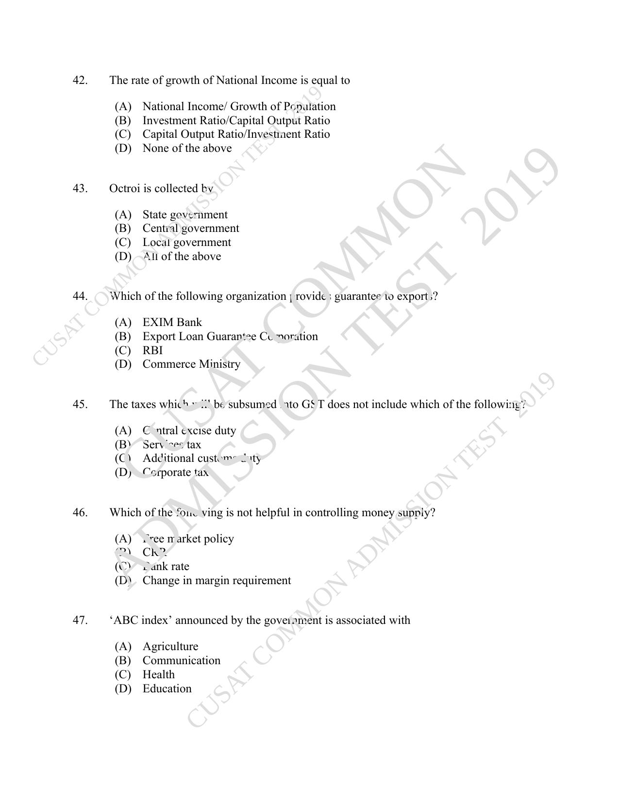 CUSAT CAT 2019 Economics Question Paper With Answer Key - Page 8