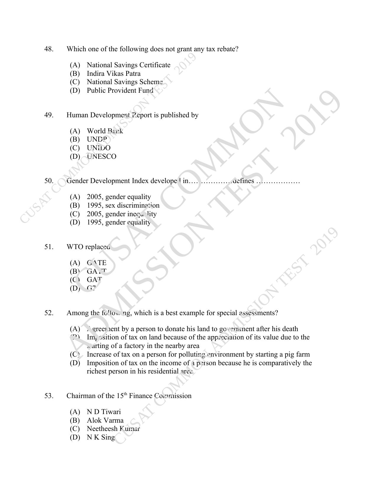 CUSAT CAT 2019 Economics Question Paper With Answer Key - Page 9
