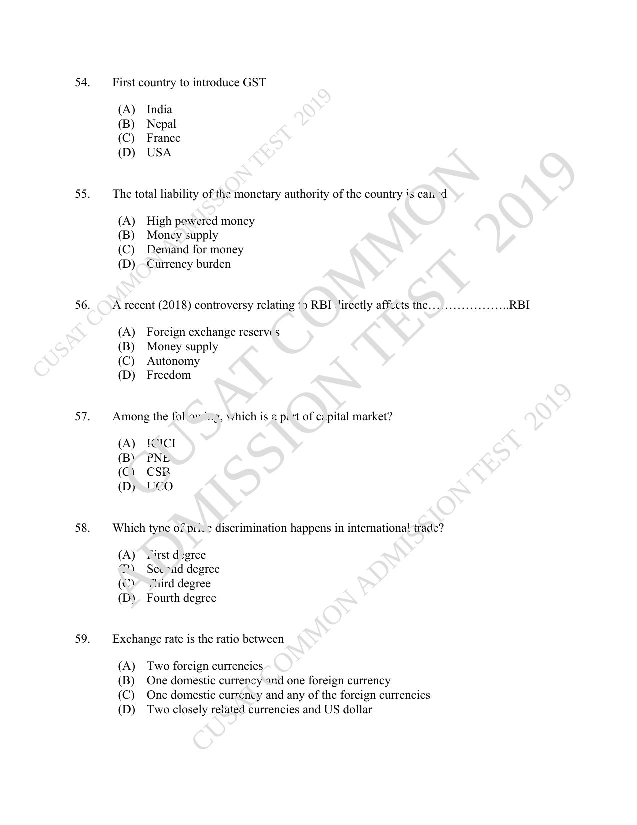 CUSAT CAT 2019 Economics Question Paper With Answer Key - Page 10