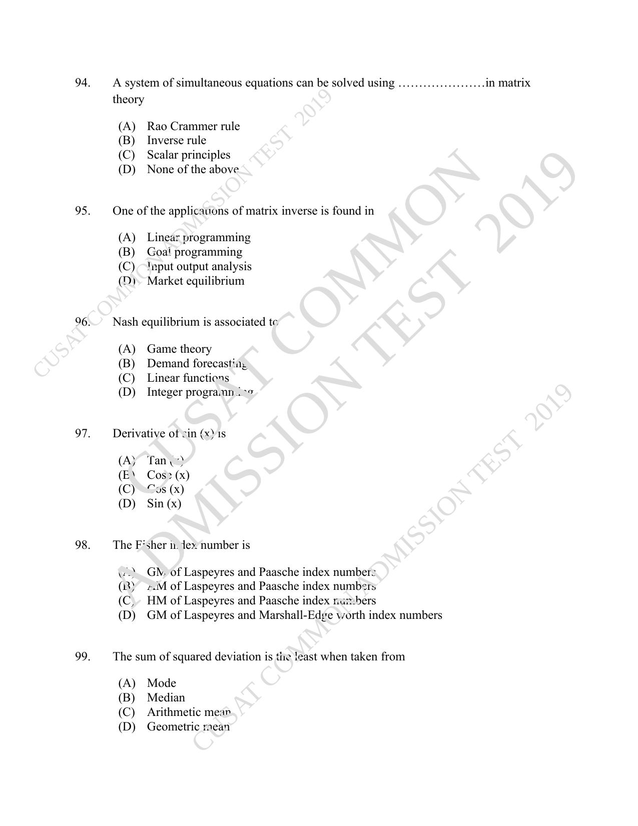 CUSAT CAT 2019 Economics Question Paper With Answer Key - Page 17