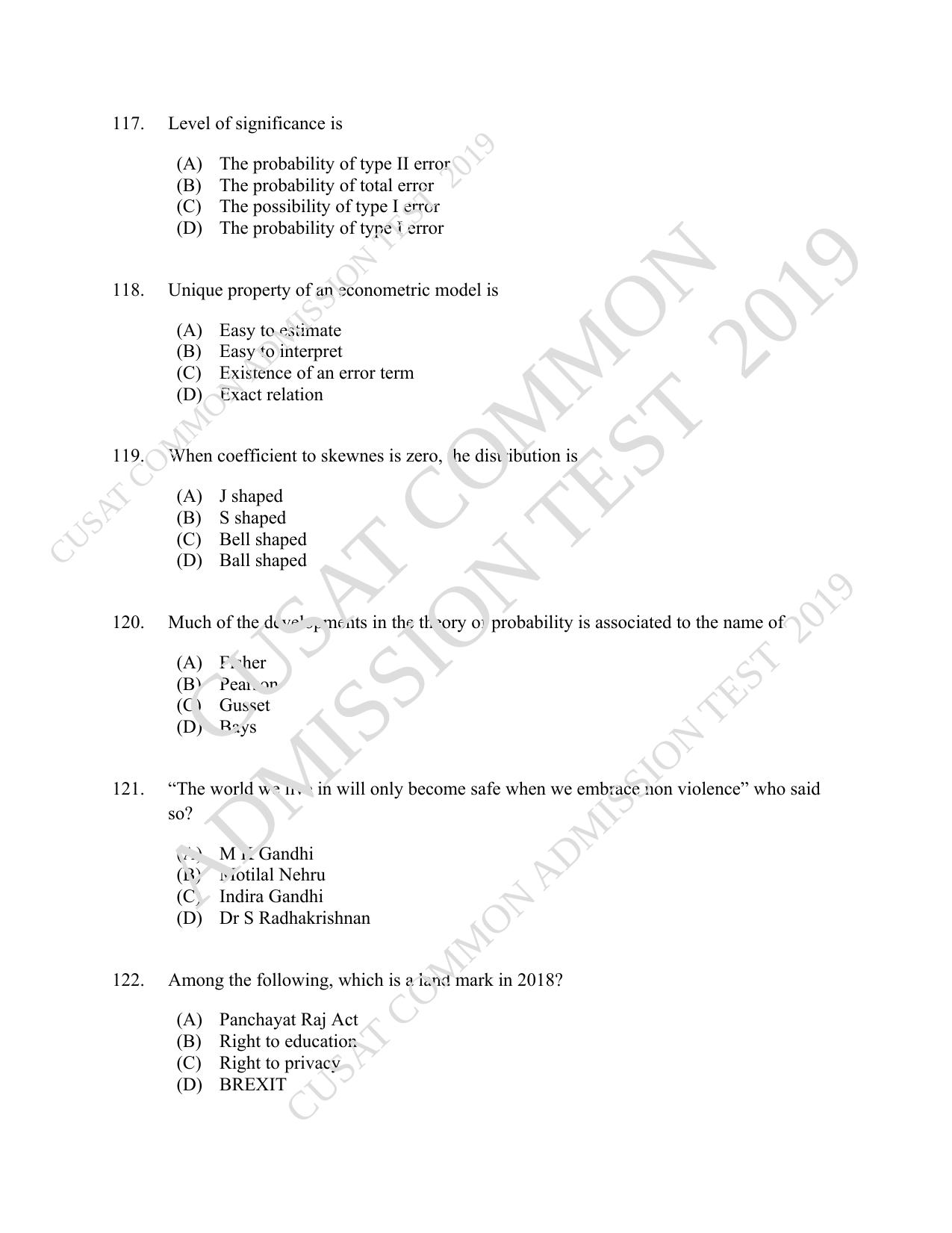CUSAT CAT 2019 Economics Question Paper With Answer Key - Page 22