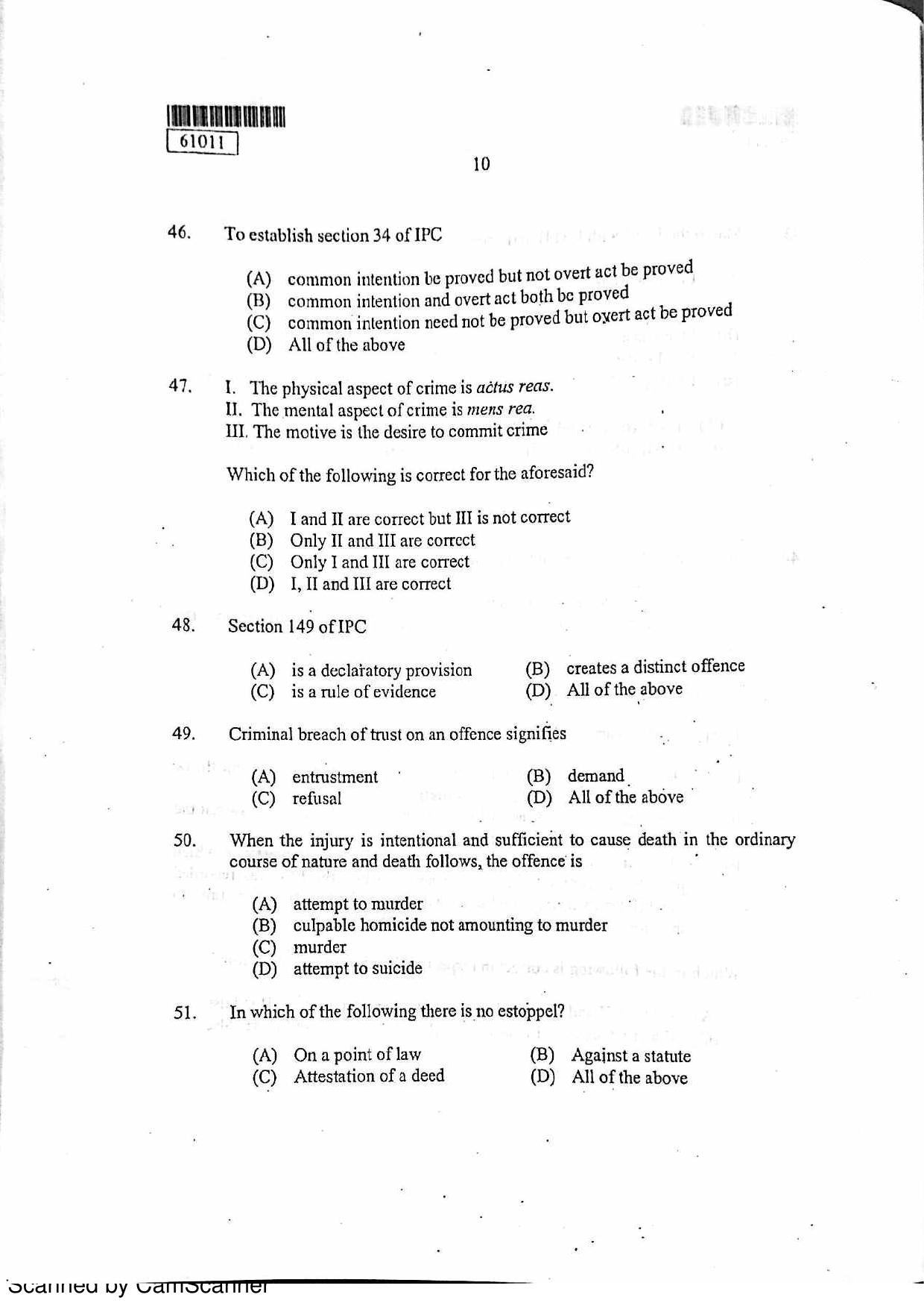 CUSAT CAT 2011 LLM Question Paper - Page 11