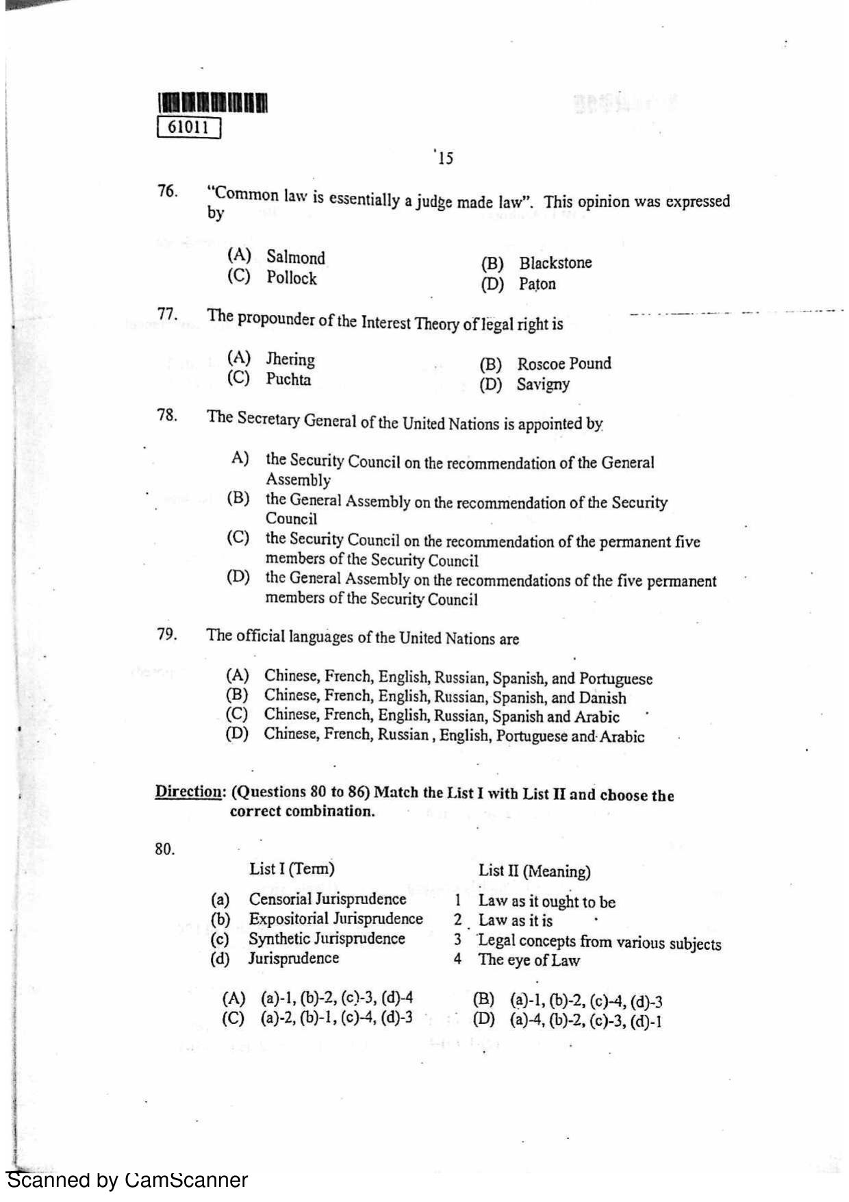 CUSAT CAT 2011 LLM Question Paper - Page 16