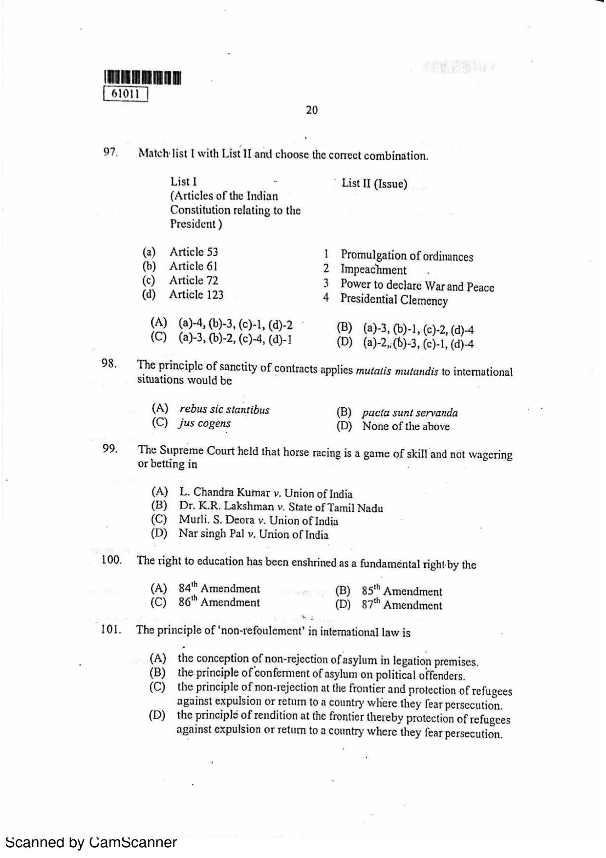 CUSAT CAT 2011 LLM Question Paper - Page 21