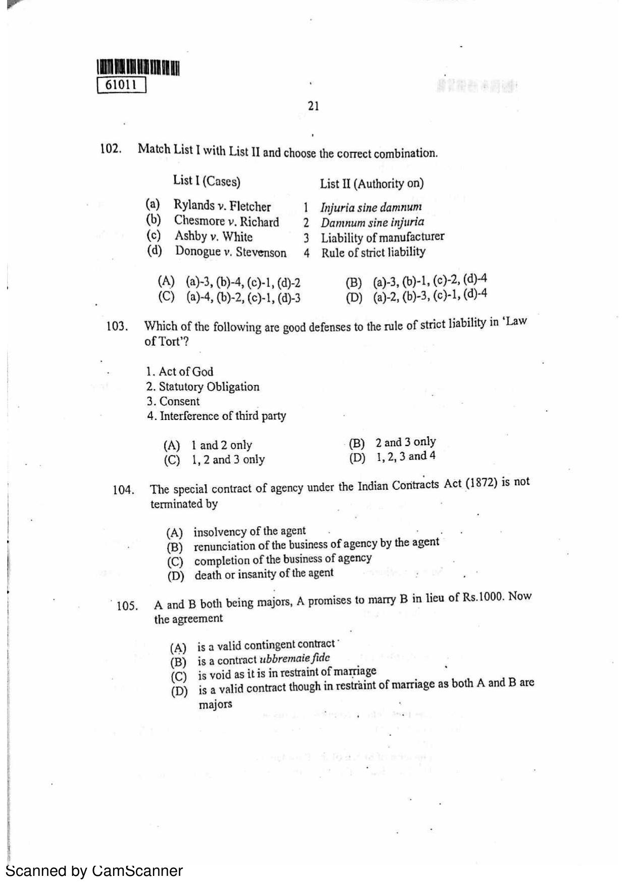 CUSAT CAT 2011 LLM Question Paper - Page 22