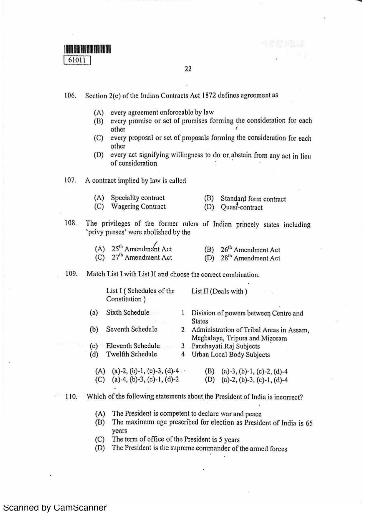 CUSAT CAT 2011 LLM Question Paper - Page 23