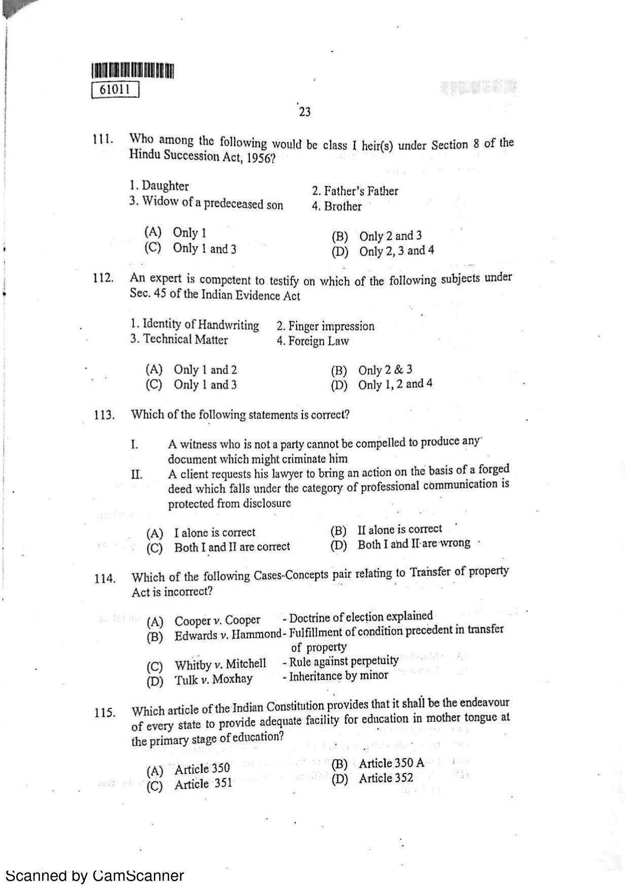 CUSAT CAT 2011 LLM Question Paper - Page 24