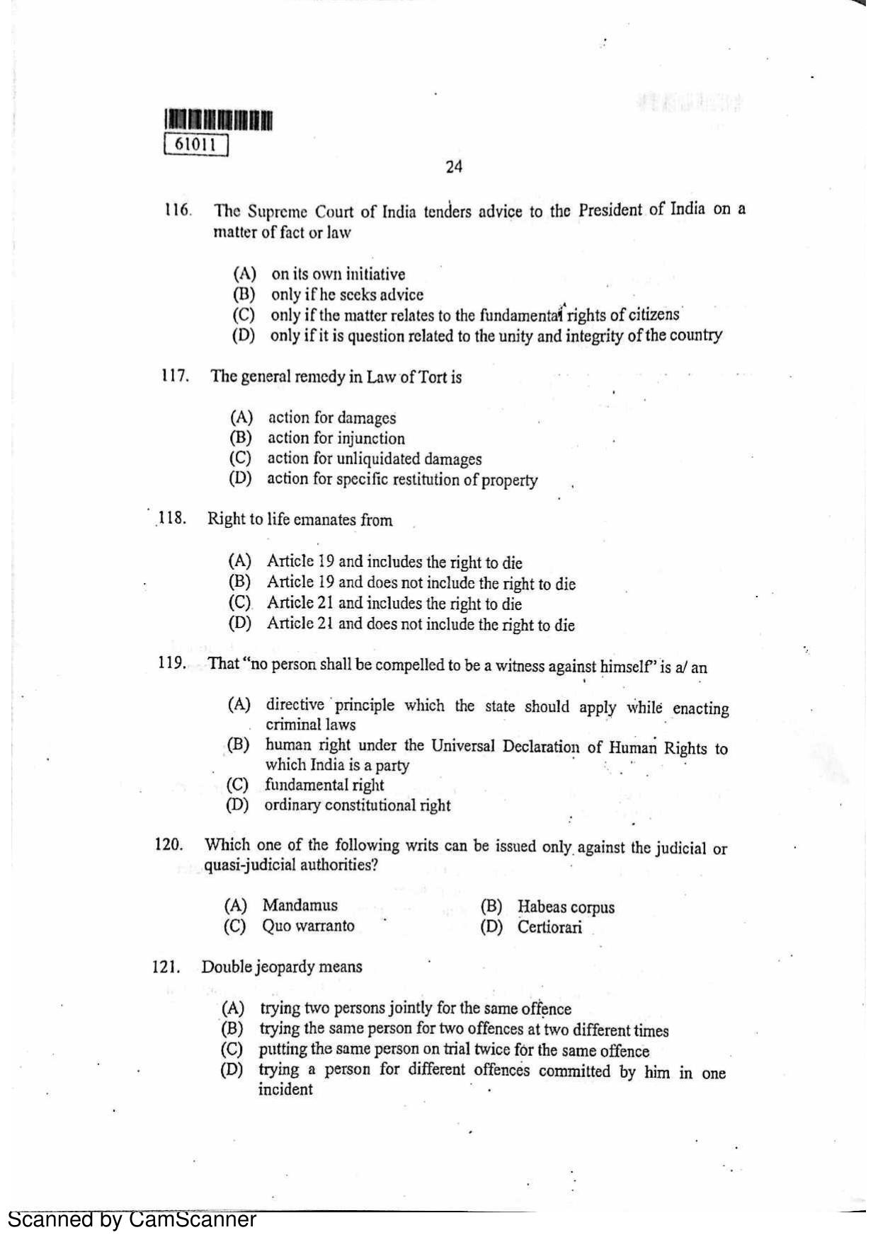 CUSAT CAT 2011 LLM Question Paper - Page 25